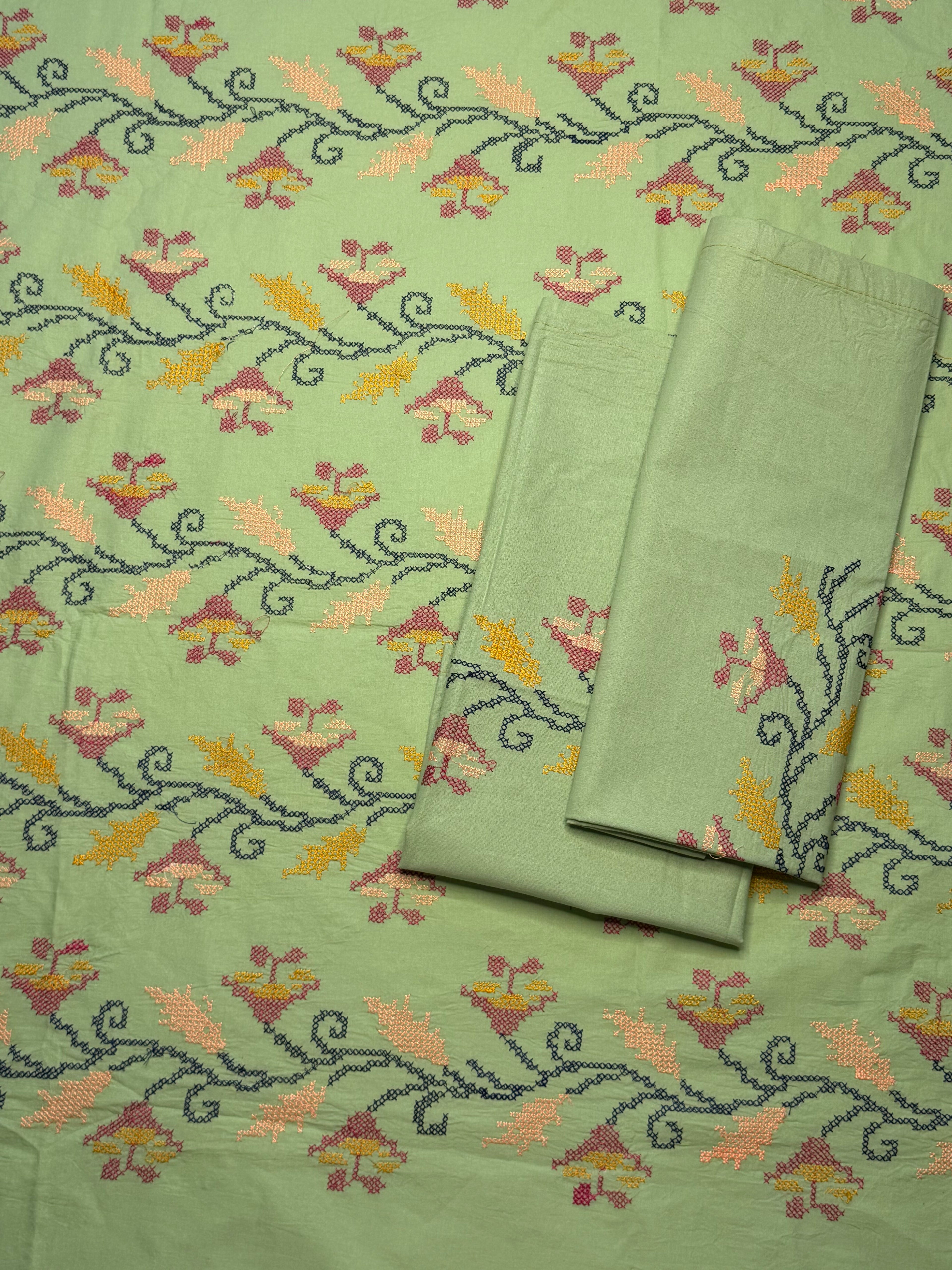 Green Cross-Stitch Queen Size Bedsheet - Pure Cotton - 90 x 108 inches
