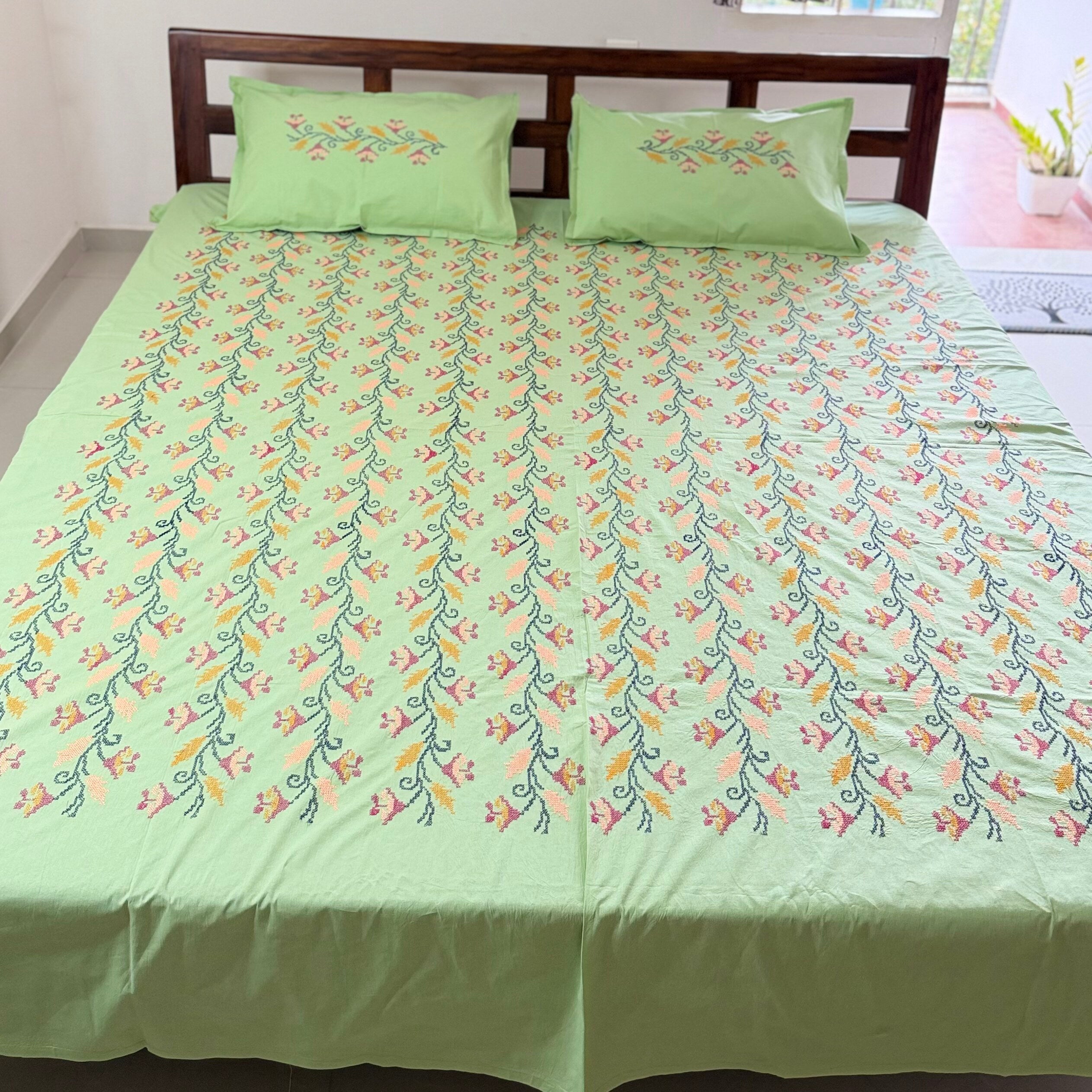 Green Cross-Stitch Queen Size Bedsheet - Pure Cotton - 90 x 108 inches