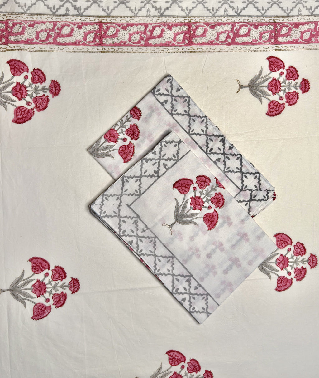 Pink Floral Handblock Procion Print King Size Bedsheet - Pure Cotton - 108 x 108 inches