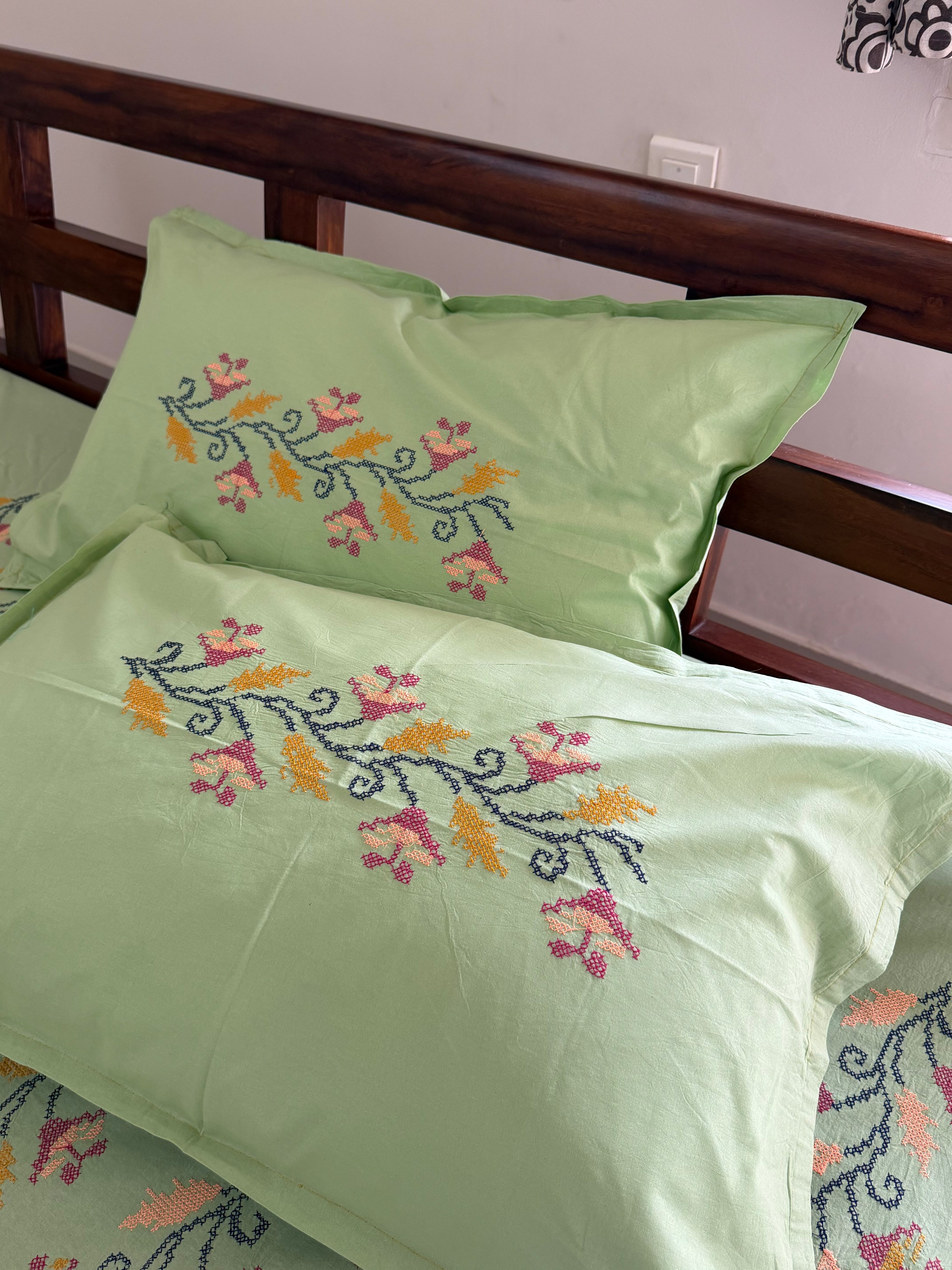 Green Cross-Stitch Queen Size Bedsheet - Pure Cotton - 90 x 108 inches