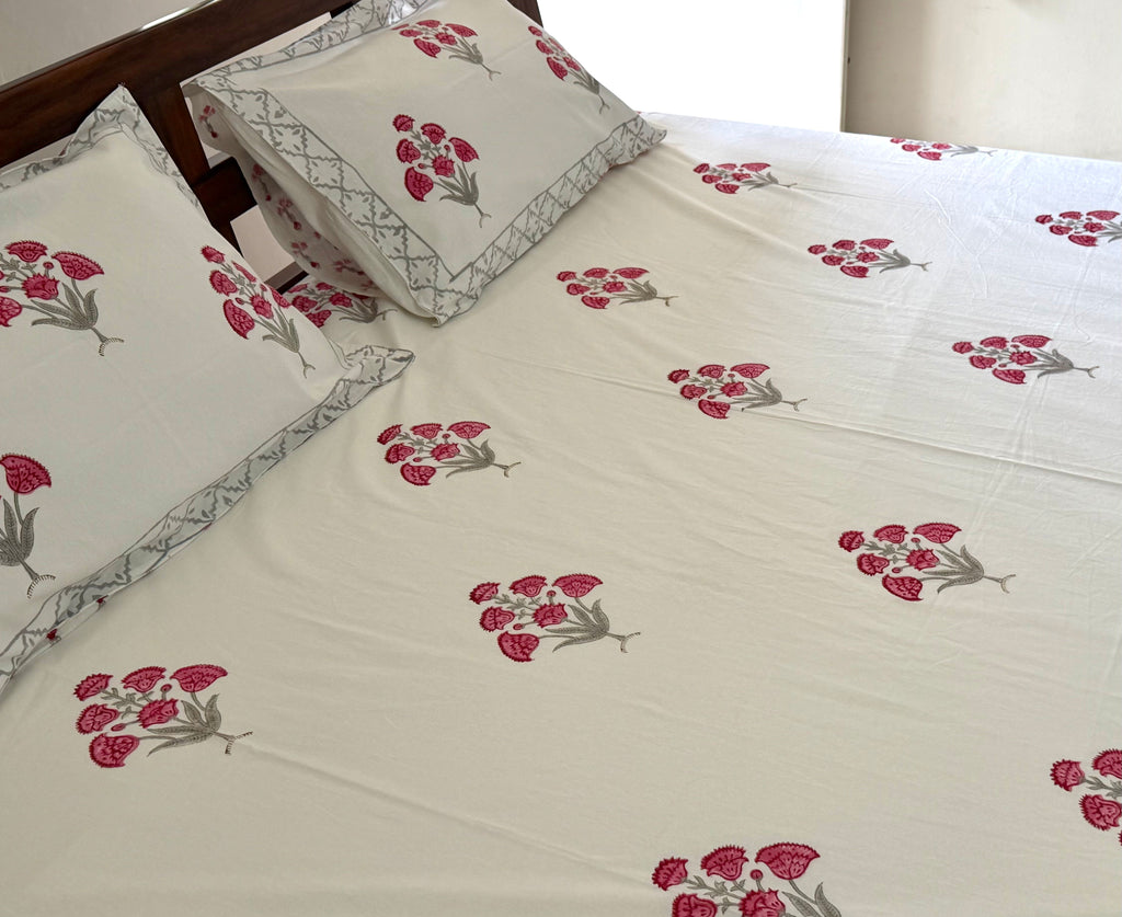Pink Floral Handblock Procion Print King Size Bedsheet - Pure Cotton - 108 x 108 inches