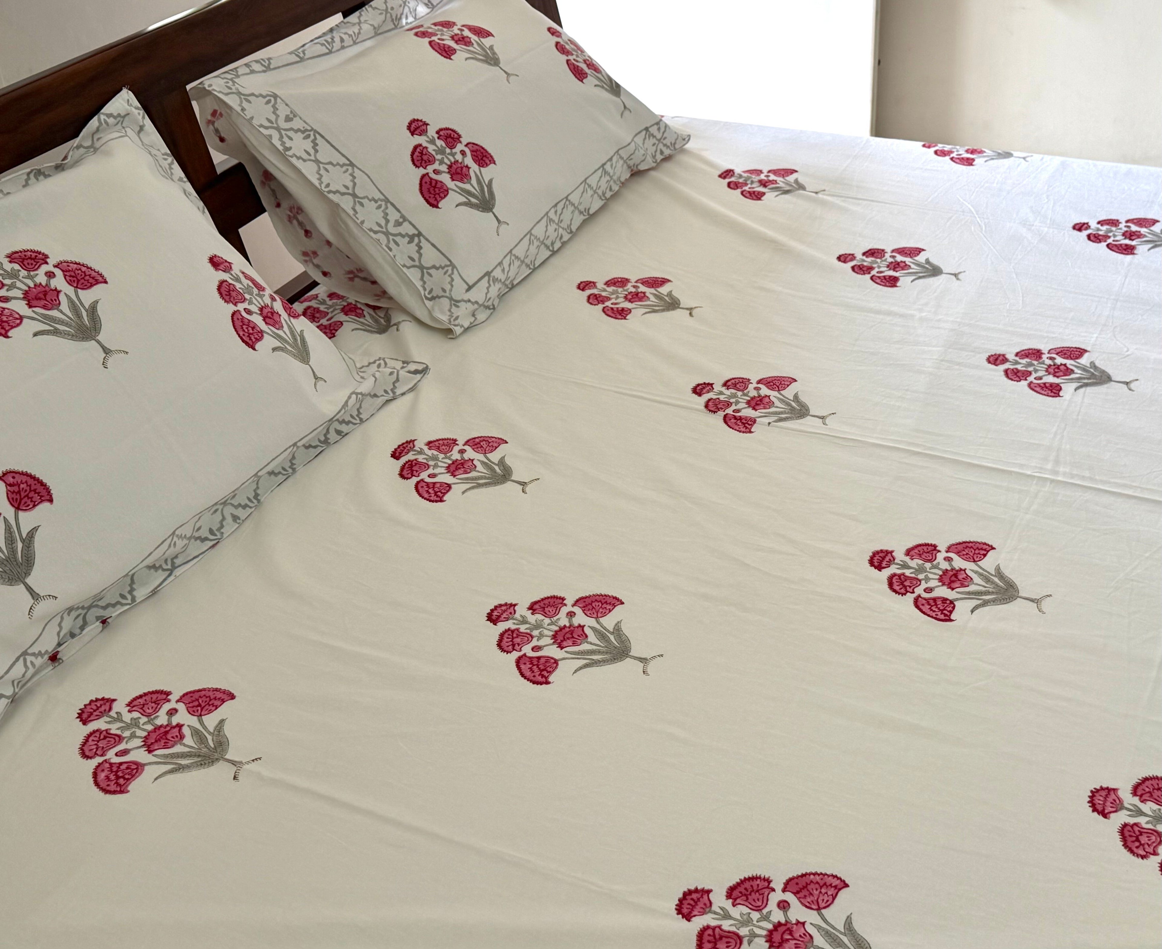 Pink Floral Handblock Procion Print King Size Bedsheet - Pure Cotton - 108 x 108 inches