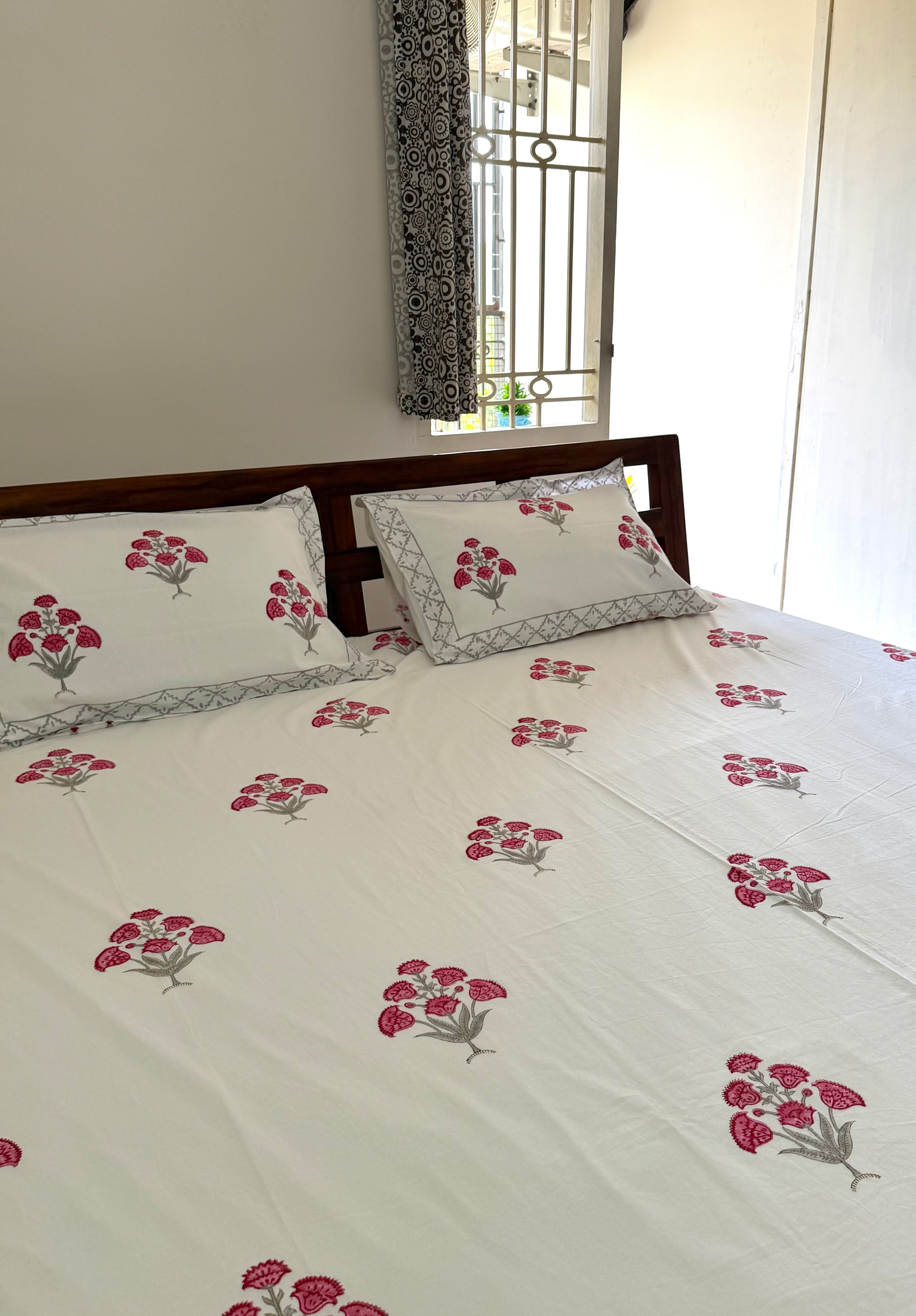 Pink Floral Handblock Procion Print King Size Bedsheet - Pure Cotton - 108 x 108 inches