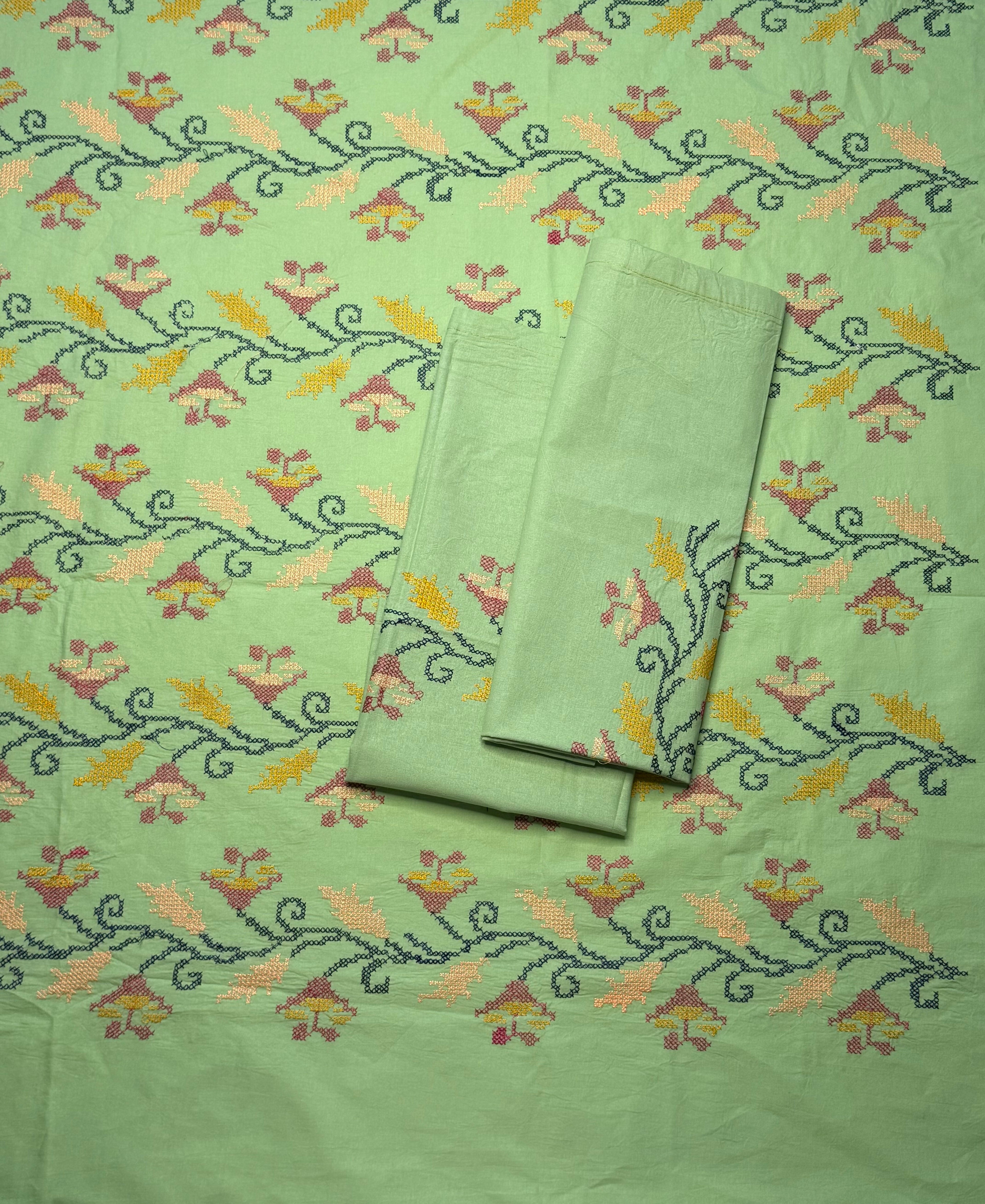 Green Cross-Stitch Queen Size Bedsheet - Pure Cotton - 90 x 108 inches