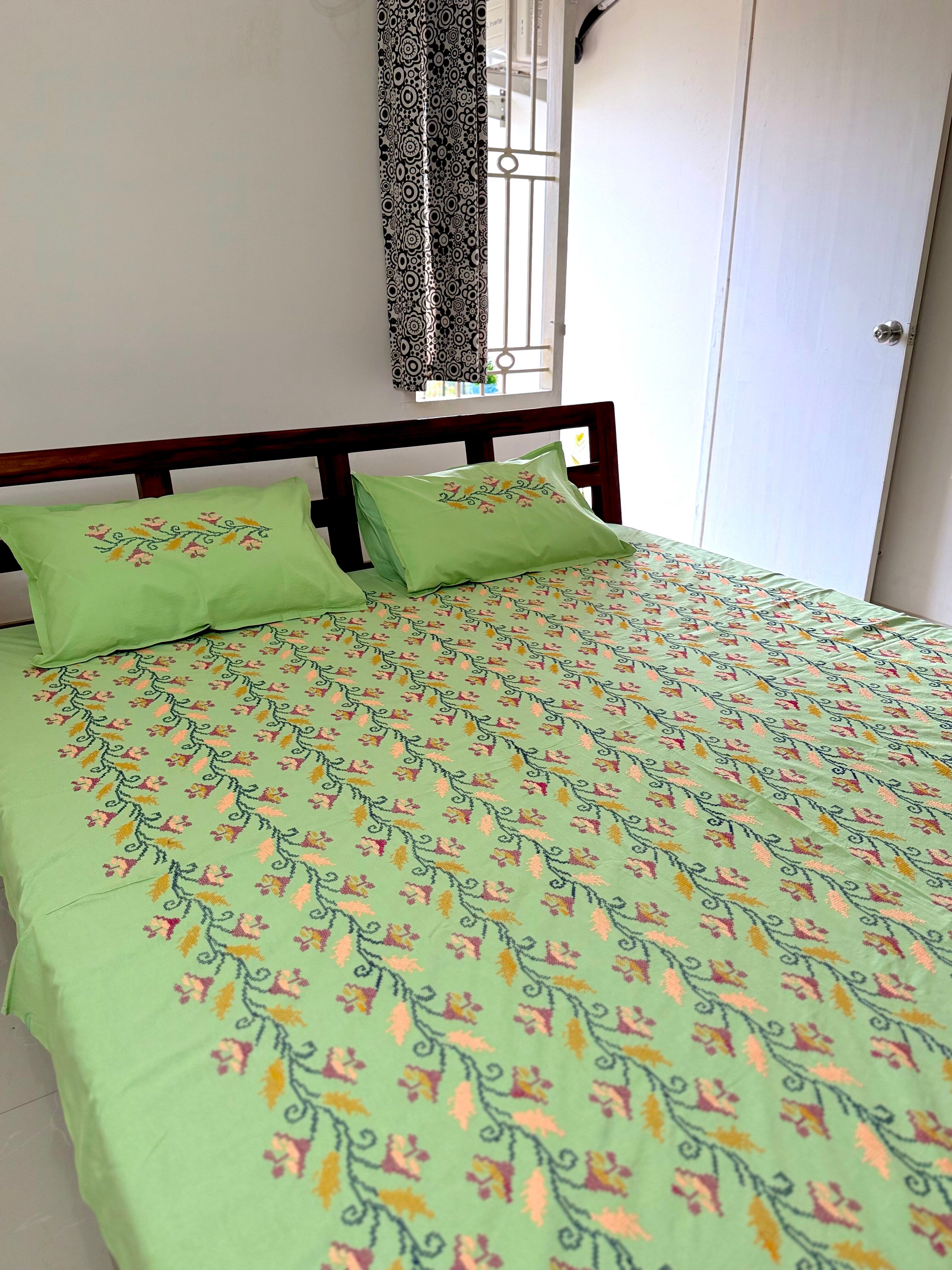Green Cross-Stitch Queen Size Bedsheet - Pure Cotton - 90 x 108 inches