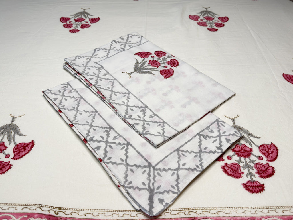 Pink Floral Handblock Procion Print King Size Bedsheet - Pure Cotton - 108 x 108 inches