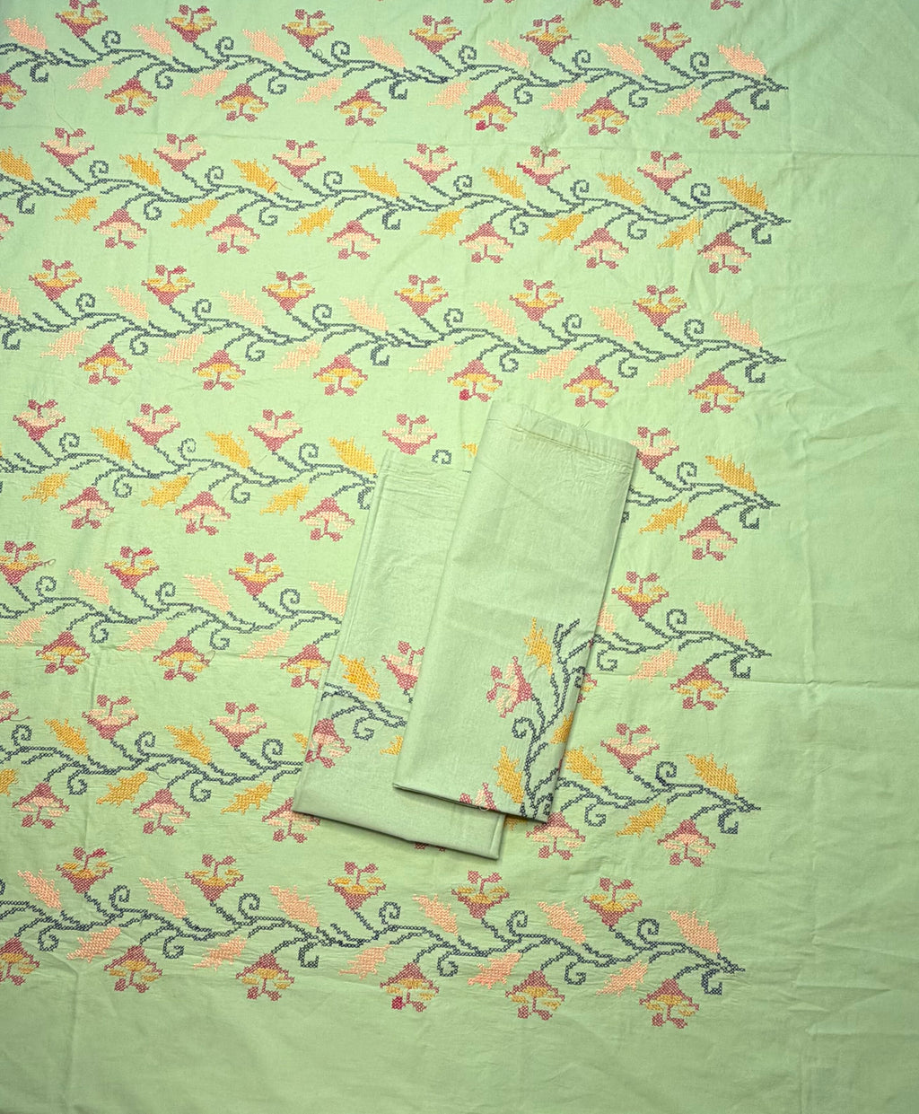 Green Cross-Stitch Queen Size Bedsheet - Pure Cotton - 90 x 108 inches