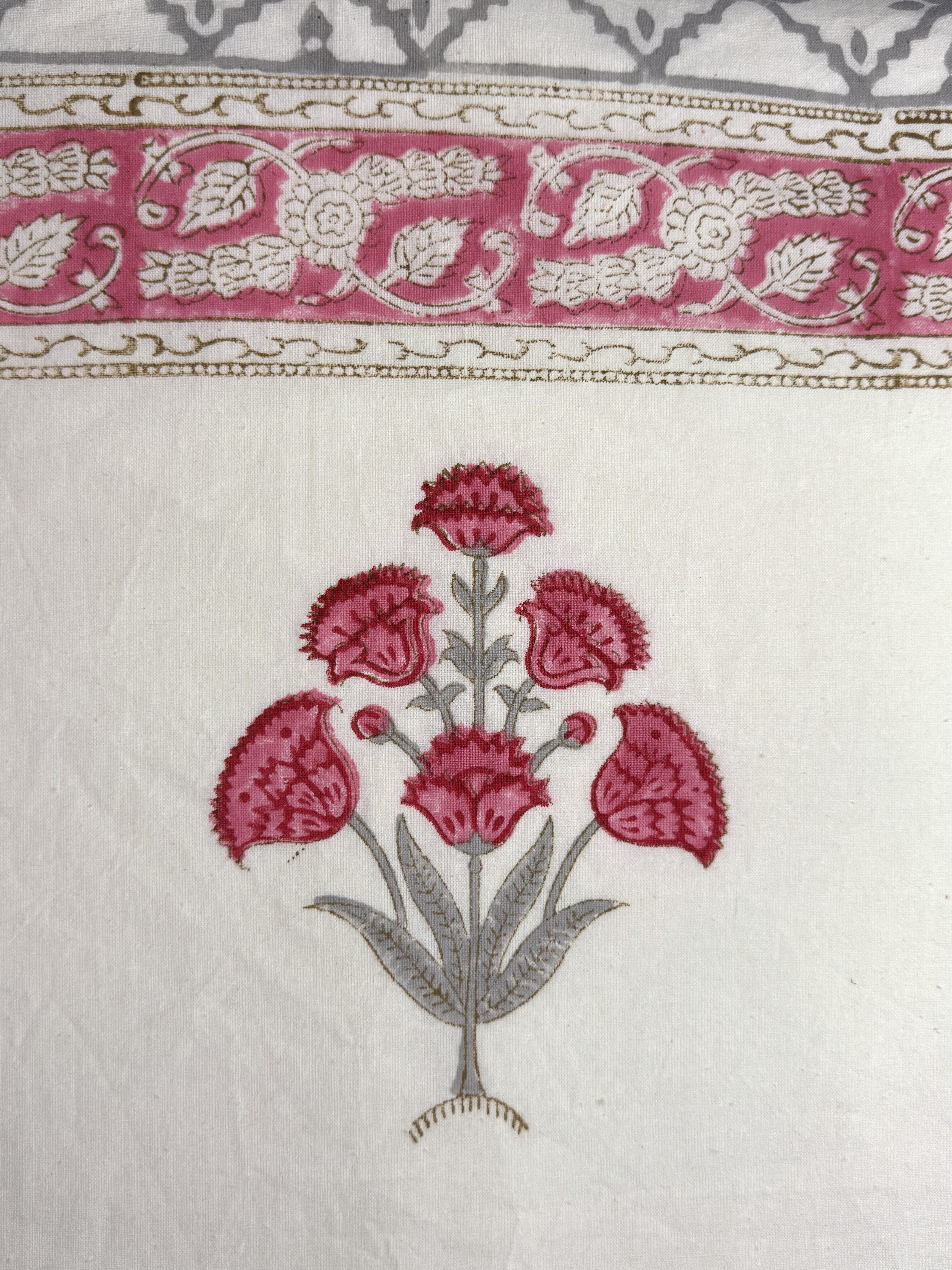 Pink Floral Handblock Procion Print King Size Bedsheet - Pure Cotton - 108 x 108 inches