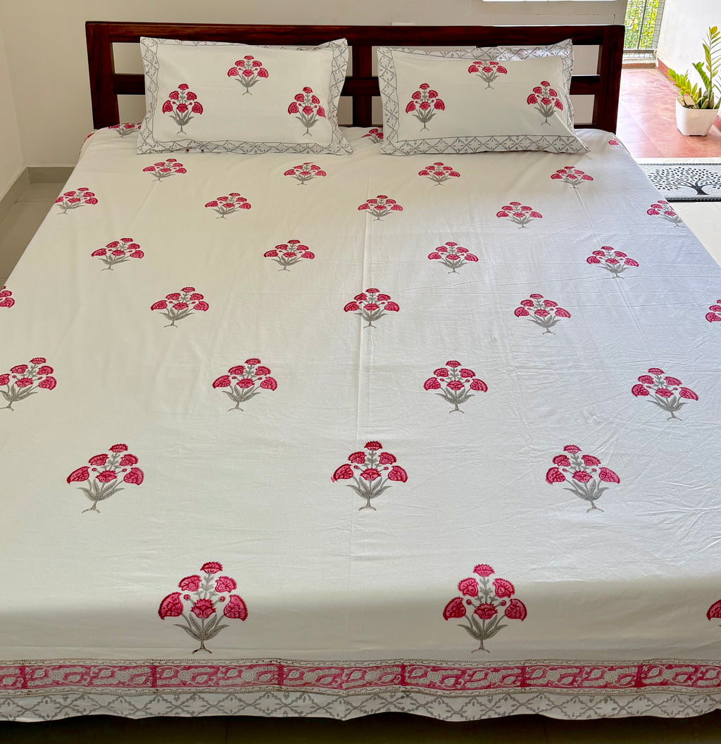 Pink Floral Handblock Procion Print King Size Bedsheet - Pure Cotton - 108 x 108 inches