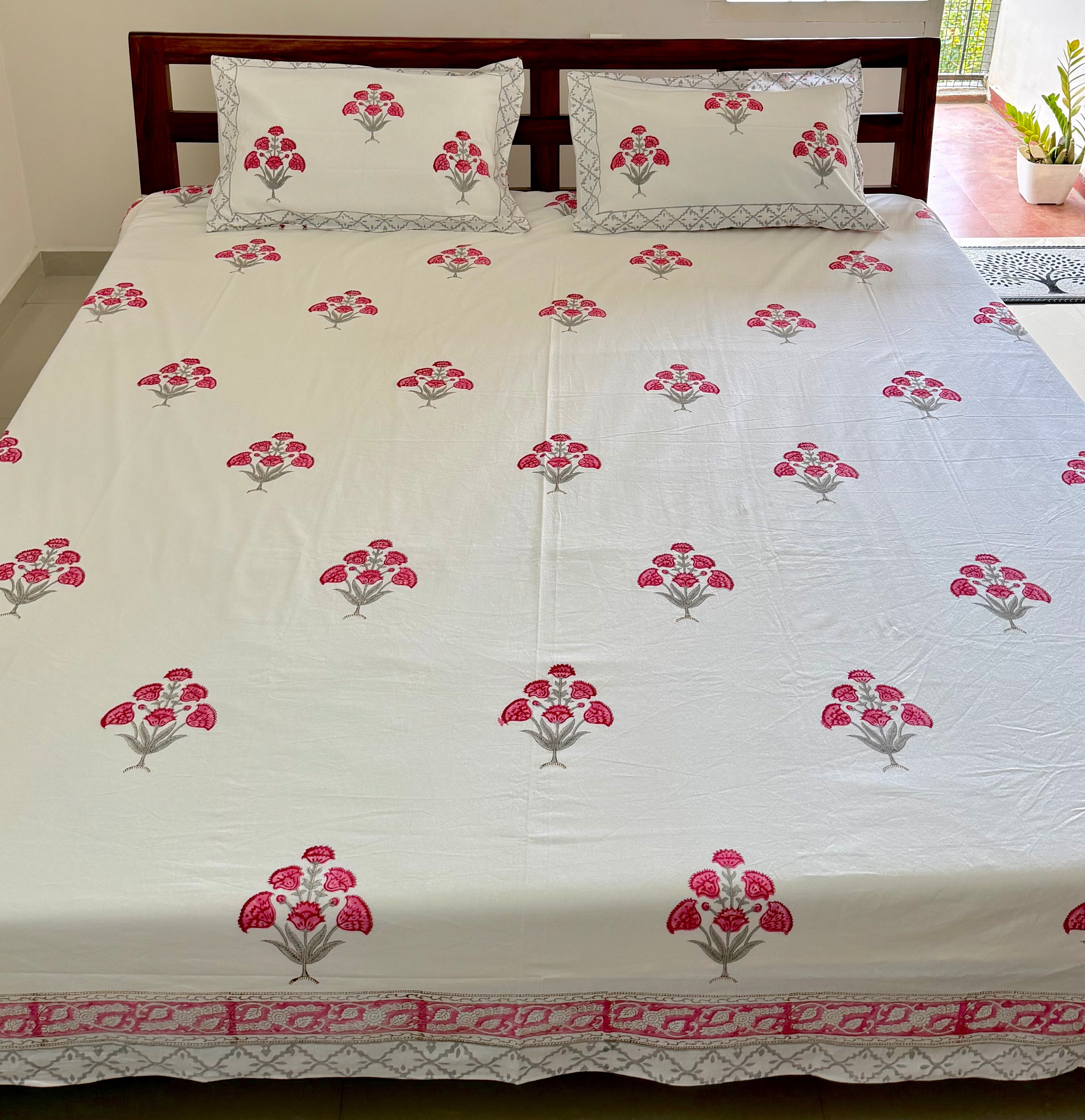 Pink Floral Handblock Procion Print King Size Bedsheet - Pure Cotton - 108 x 108 inches