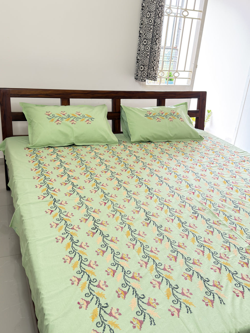 Green Cross-Stitch Queen Size Bedsheet - Pure Cotton - 90 x 108 inches