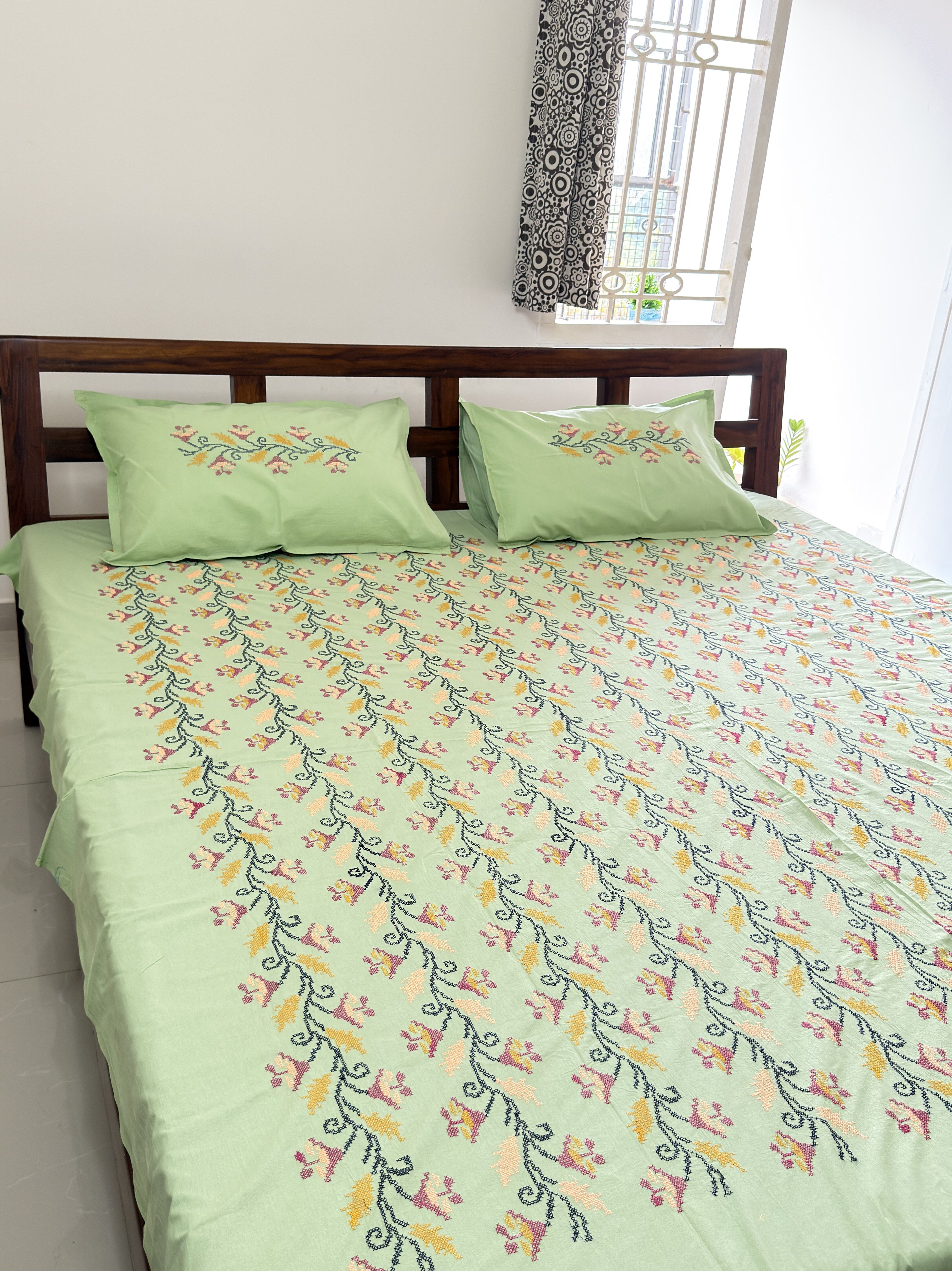 Green Cross-Stitch Queen Size Bedsheet - Pure Cotton - 90 x 108 inches