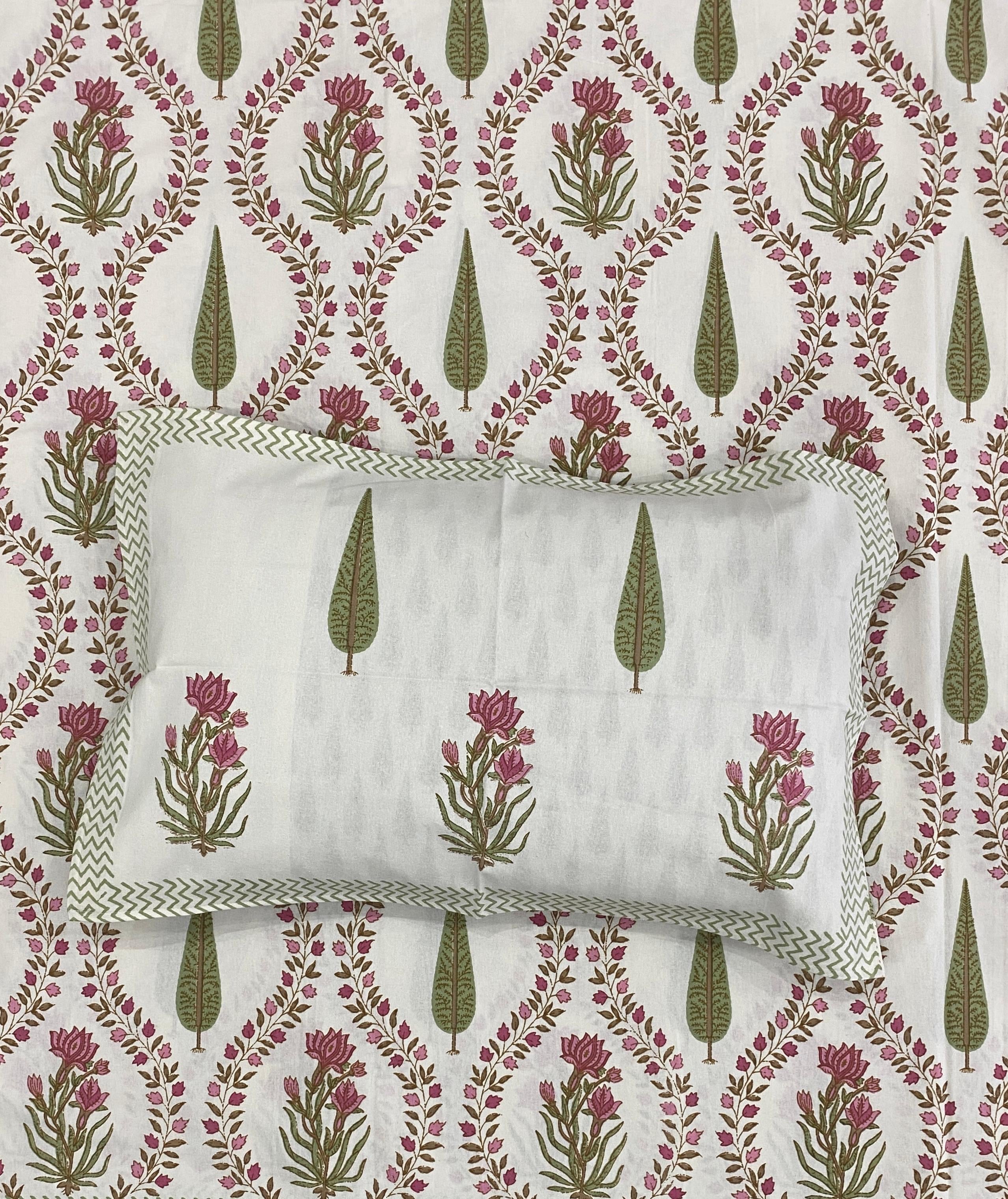 Pink Lotus Trail Super King Size Bedsheet - Jaipuri Pure Cotton (108 x 108 inches)