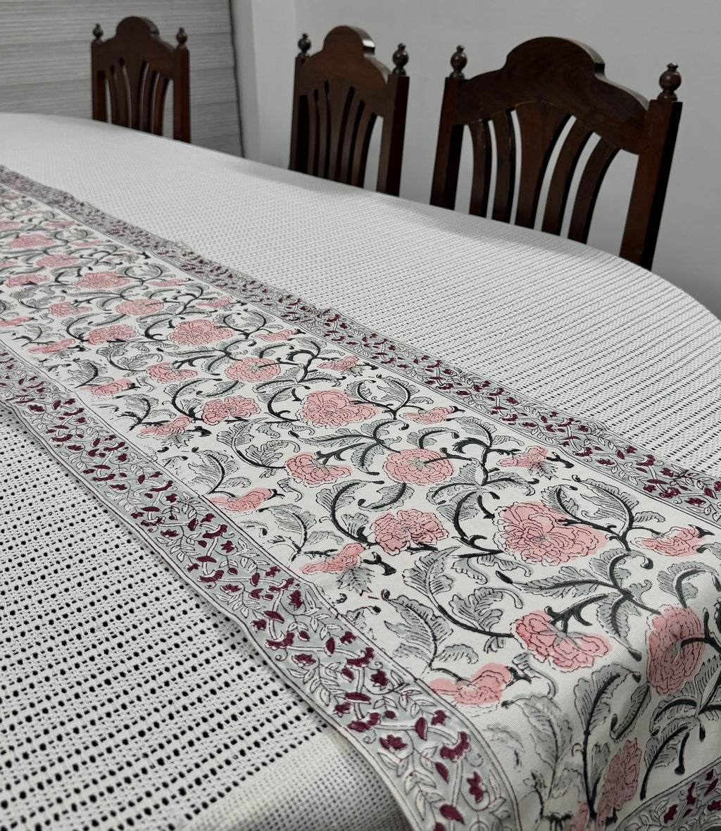 Blush Pink Floral Handblock Printed Table Runner - Pure Cotton (13 x 72 inches)