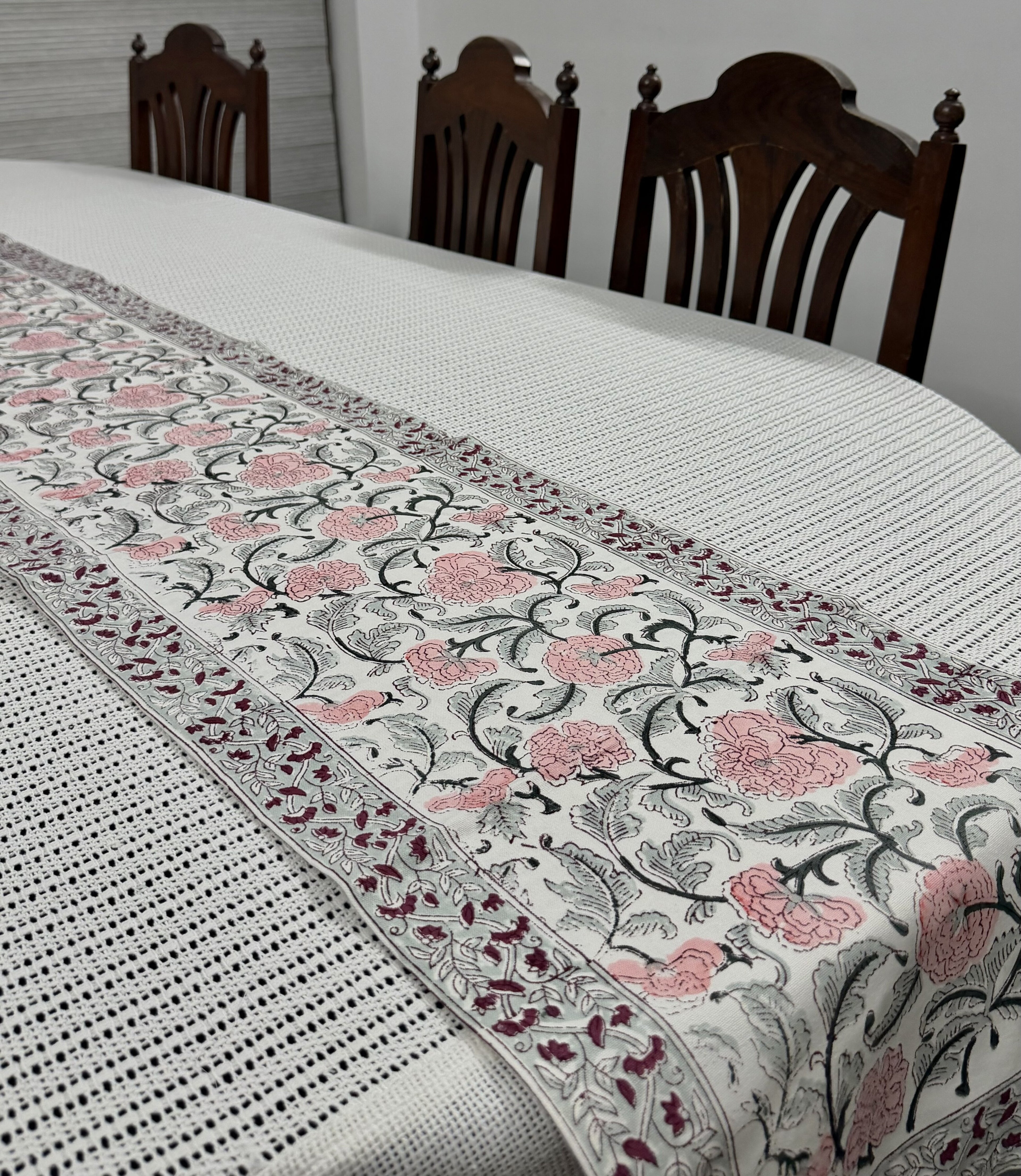 Blush Pink Floral Handblock Printed Table Runner - Pure Cotton (13 x 72 inches)