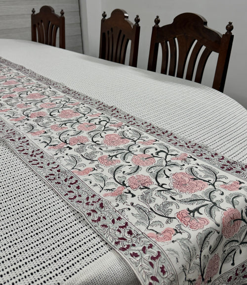 Blush Pink Floral Handblock Printed Table Runner - Pure Cotton (13 x 72 inches)