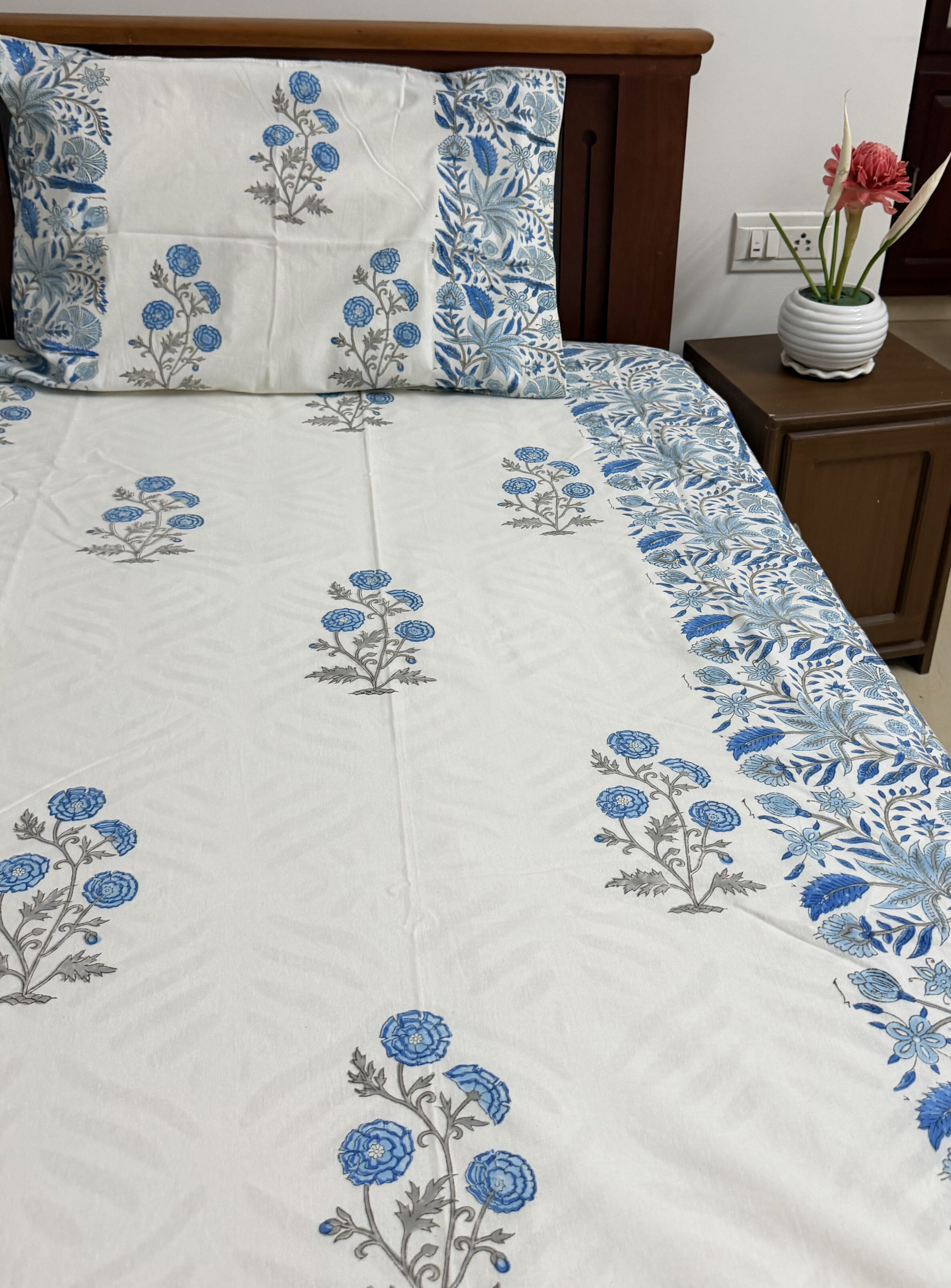 Blue Handblock Procion Print King Size Bedsheet - Pure Cotton - 108 x 108 inches