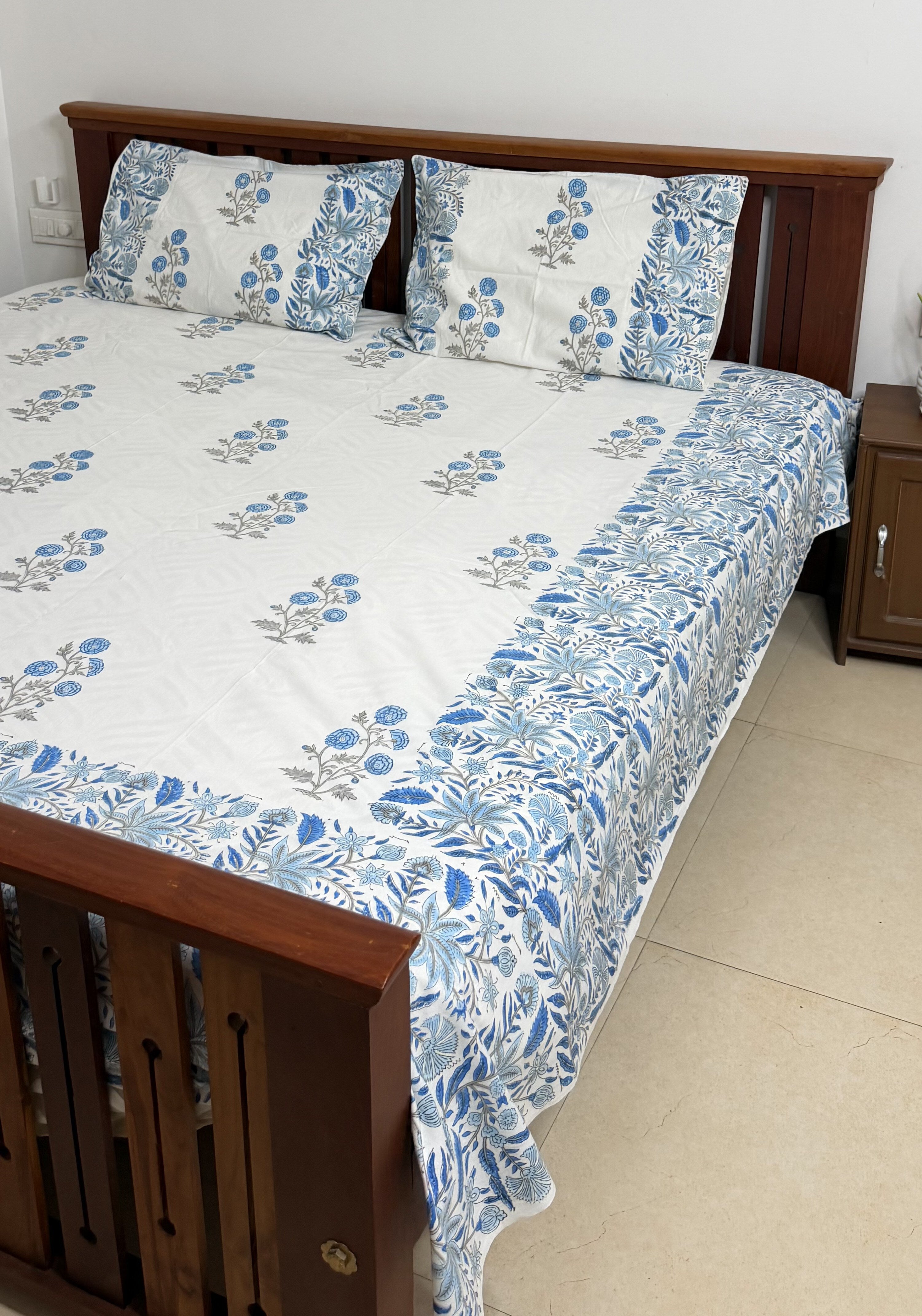 Blue Handblock Procion Print King Size Bedsheet - Pure Cotton - 108 x 108 inches