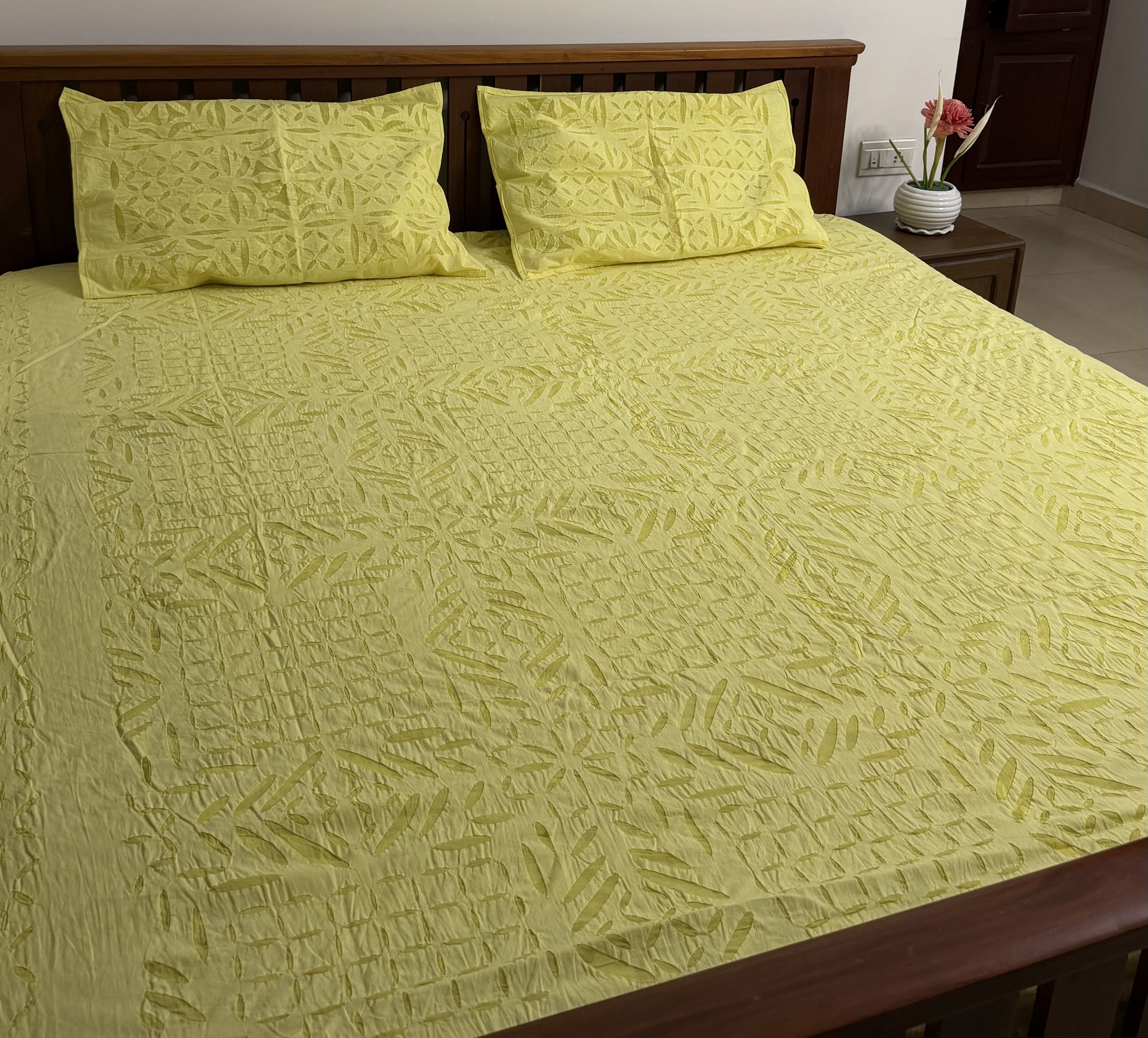 Yellow Appliqué Queen Size Bedsheet – Pure Cotton - 90 x 108 inches