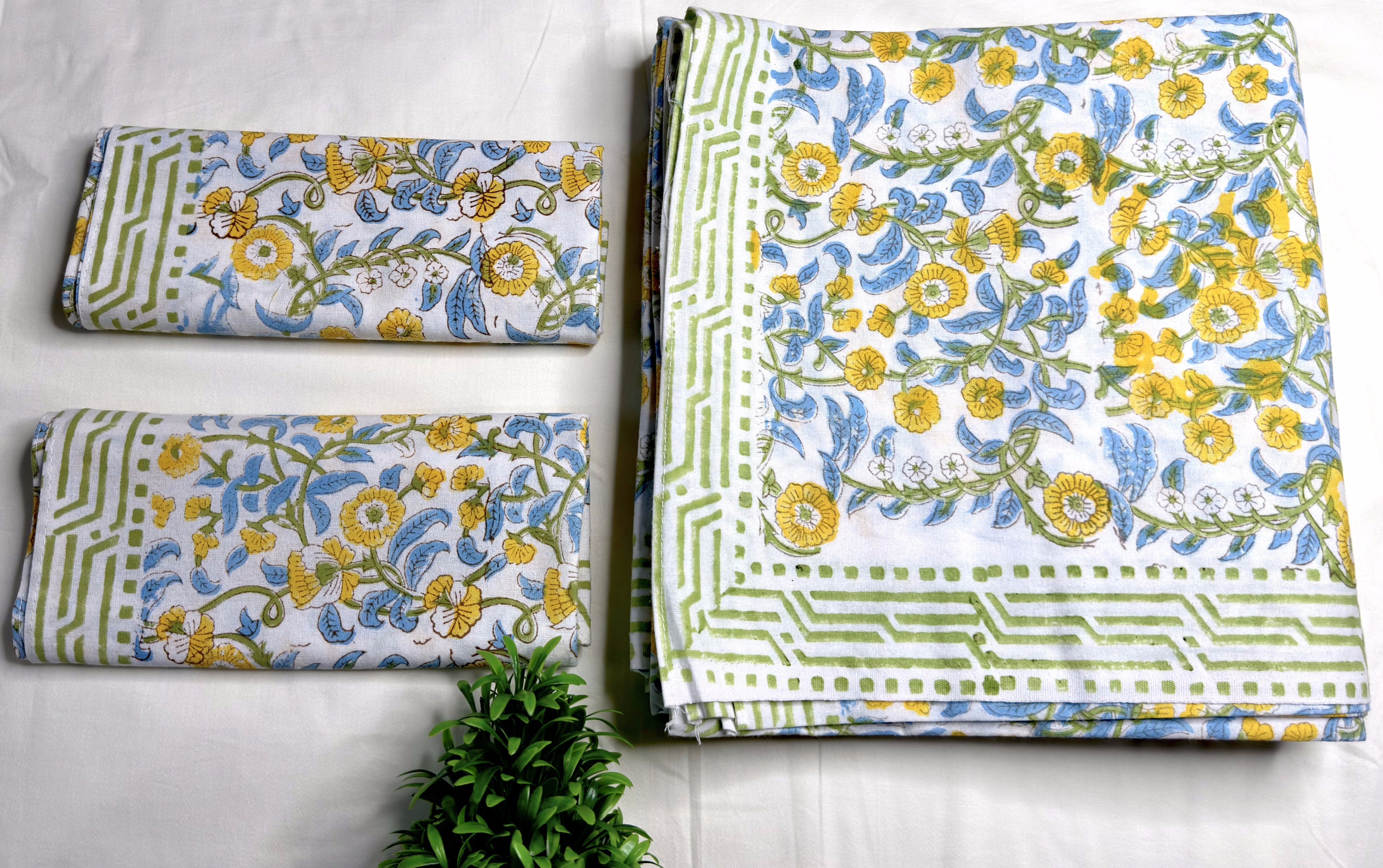 Sunflower Vine Handblock King Size Bedsheet (108 x 108) - Pure Cotton