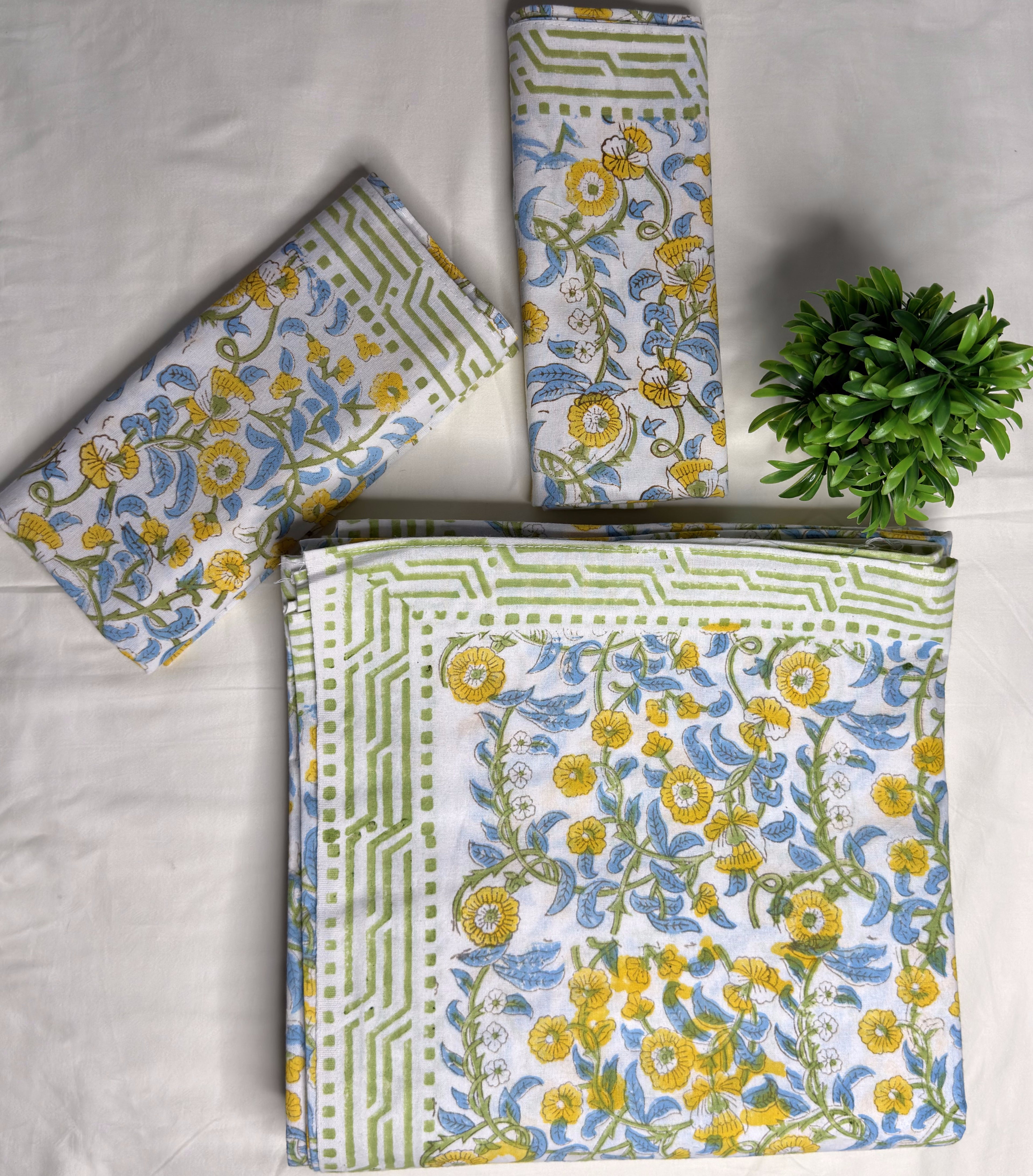 Sunflower Vine Handblock King Size Bedsheet (108 x 108) - Pure Cotton