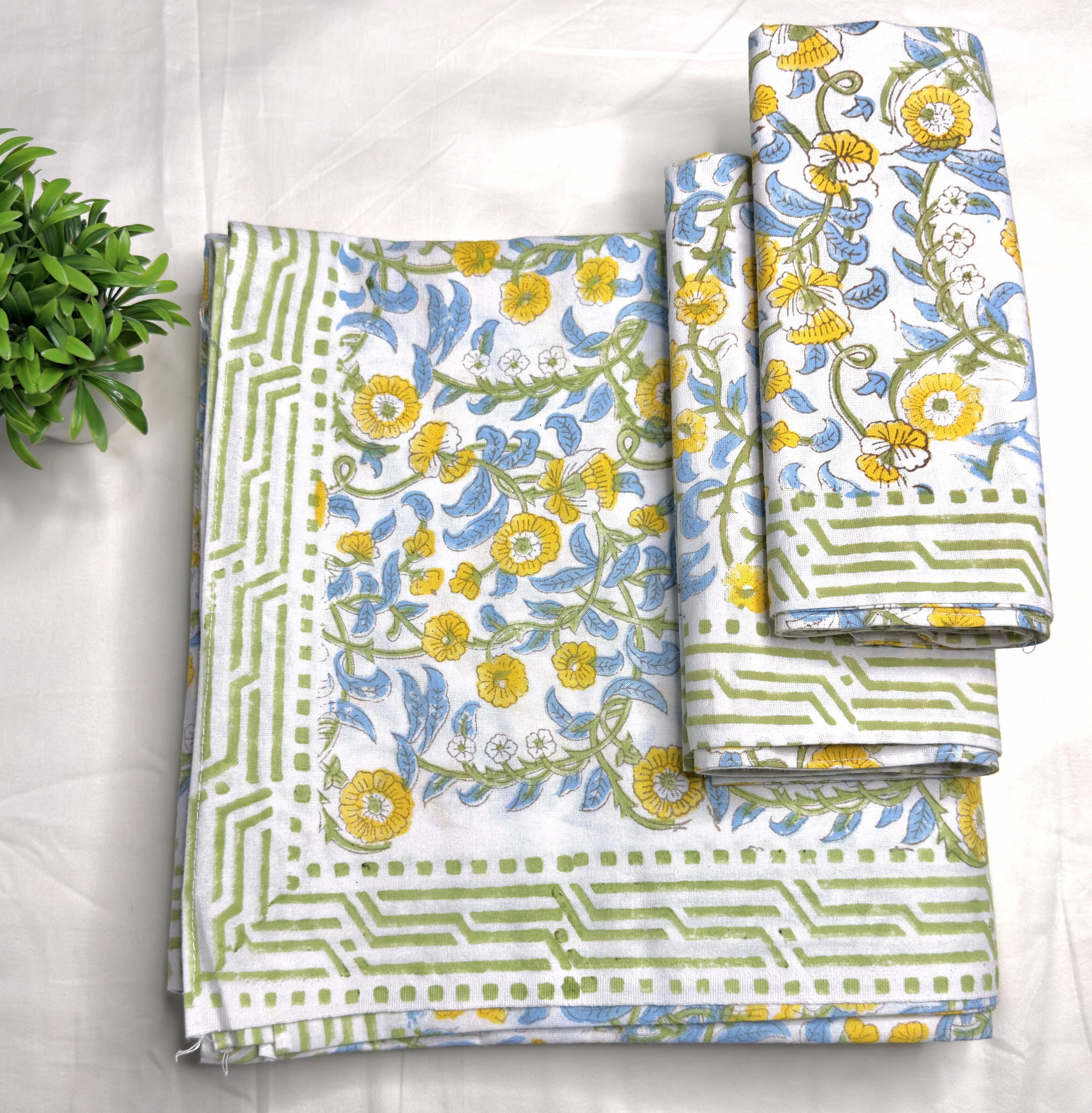 Sunflower Vine Handblock King Size Bedsheet (108 x 108) - Pure Cotton