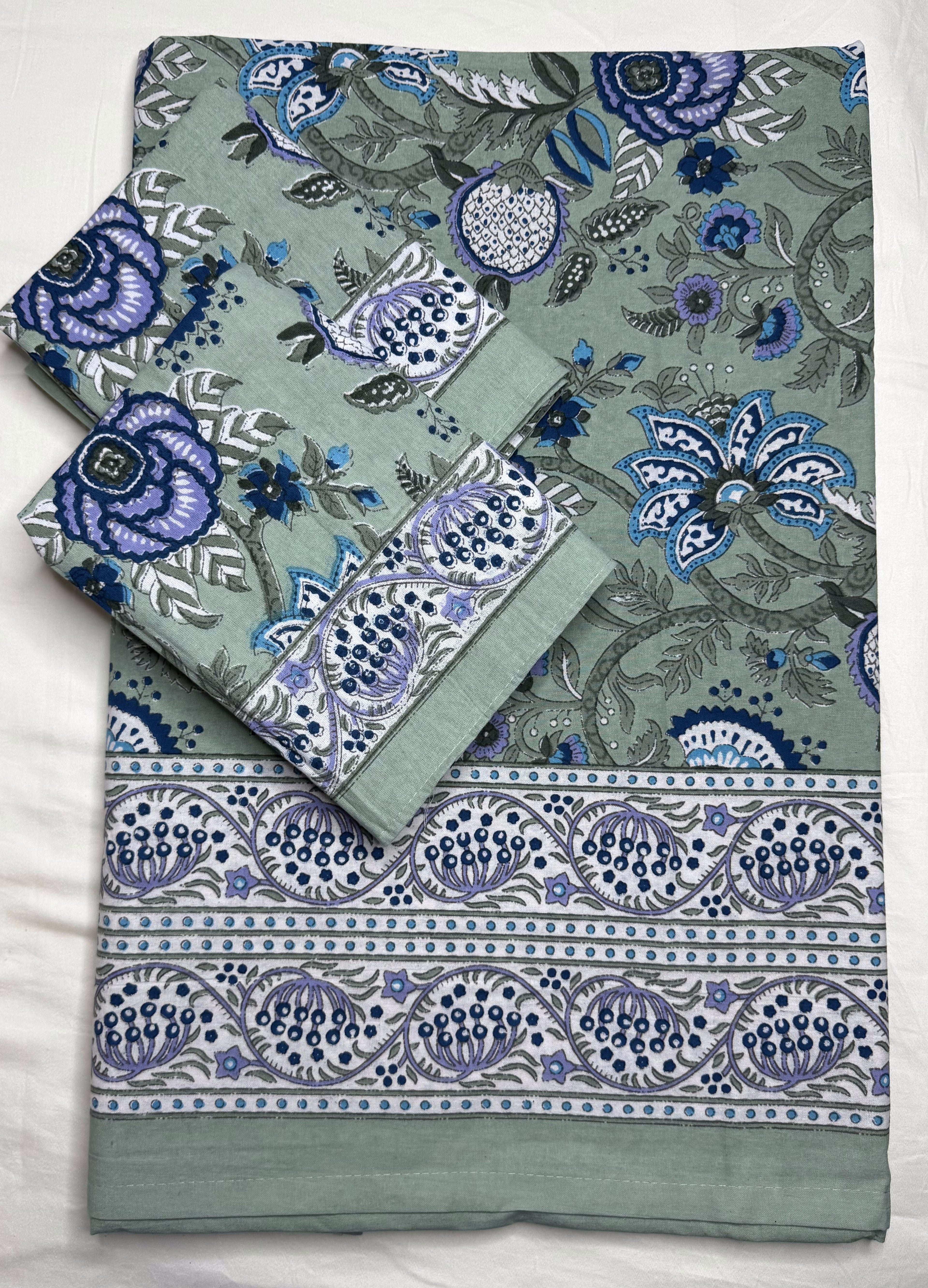 Sage Blossom Garden King Size Bedsheet (100 x 108) - Pure Cotton