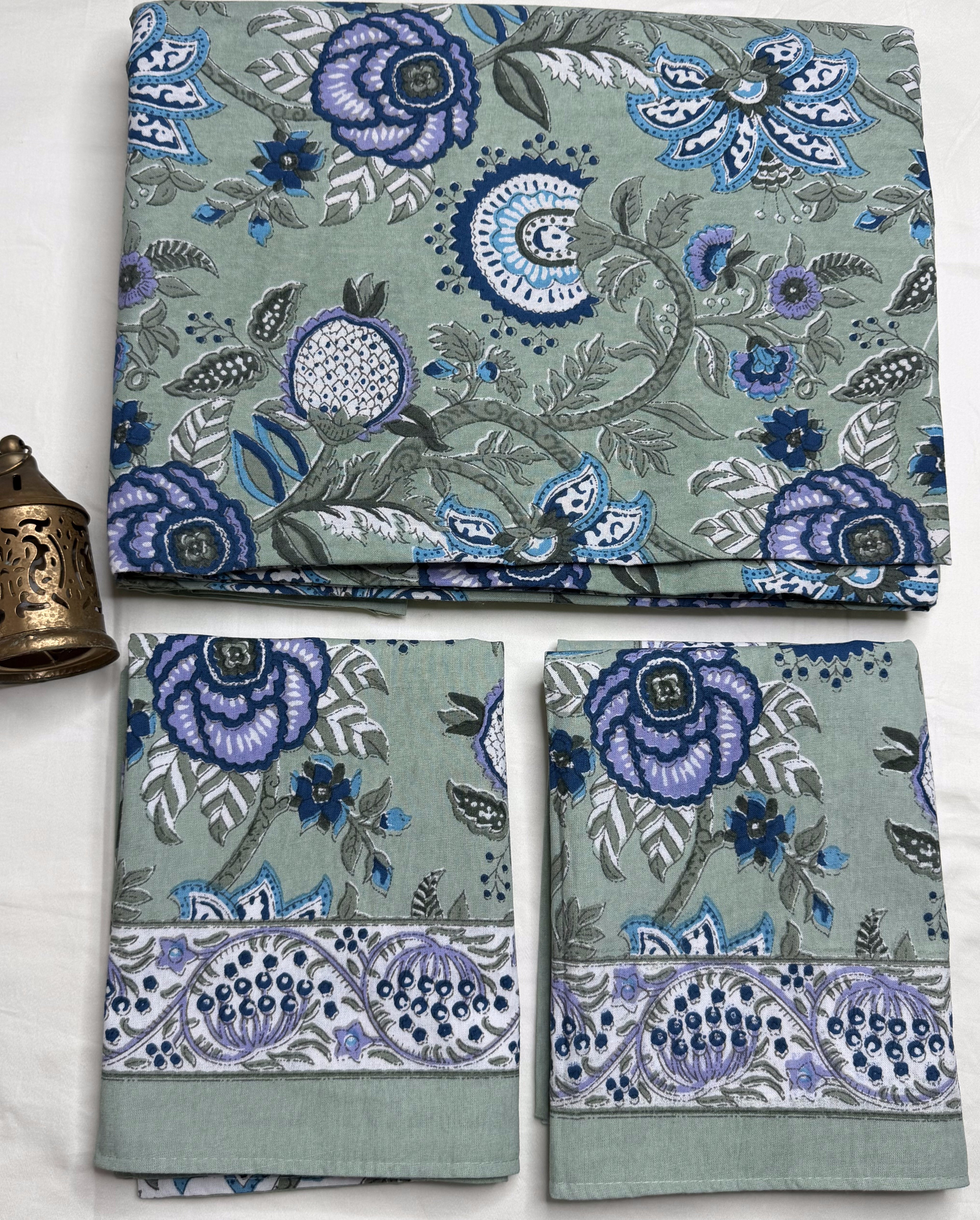 Sage Blossom Garden King Size Bedsheet (100 x 108) - Pure Cotton