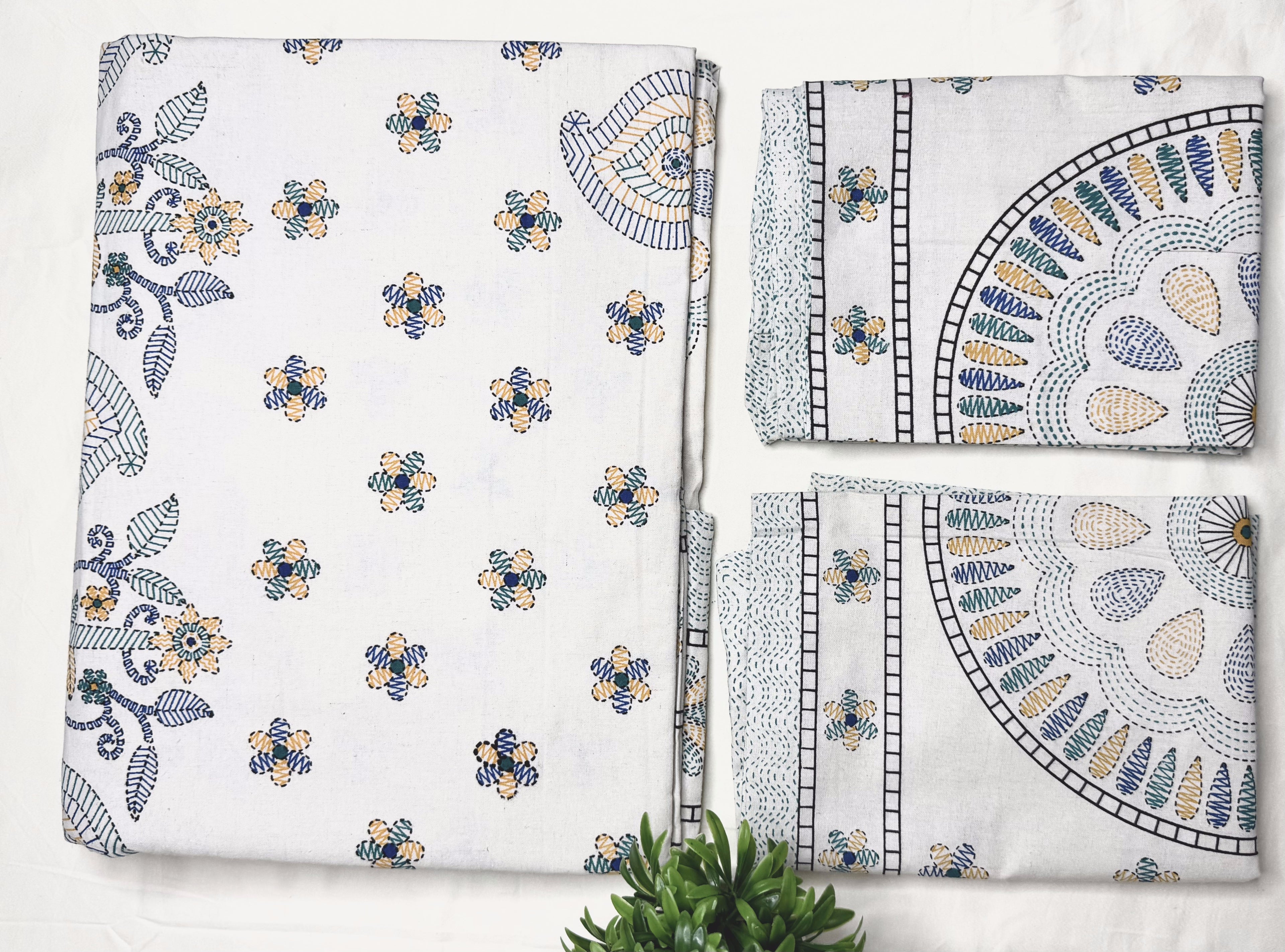 Teal Meadow Anokhi Style Queen Size Bedsheet (90 x 108) - Pure Cotton
