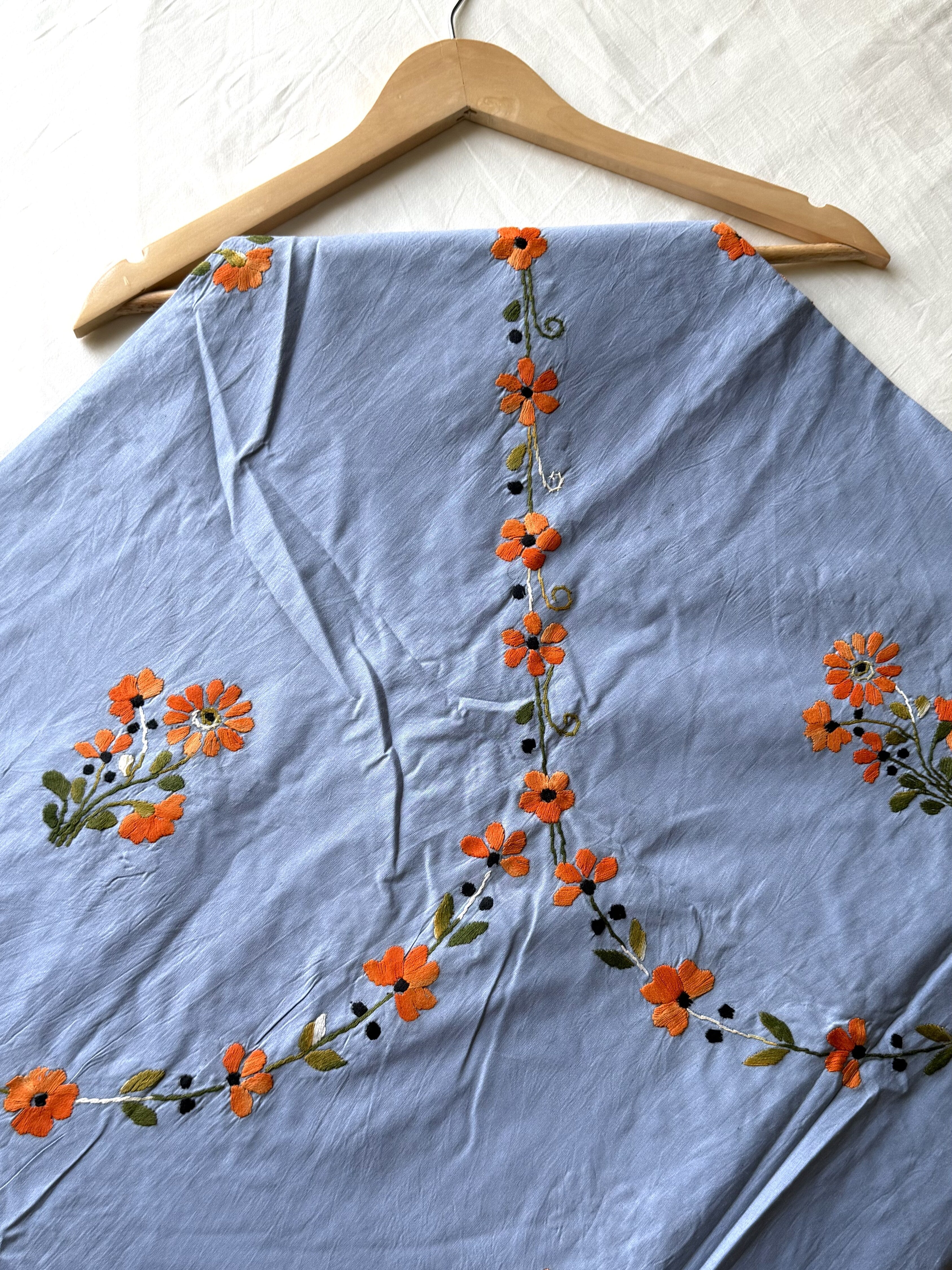 Sky Bloom Hand-Embroidered Queen Size Bedsheet - Pure Cotton (90 x 100 inches)