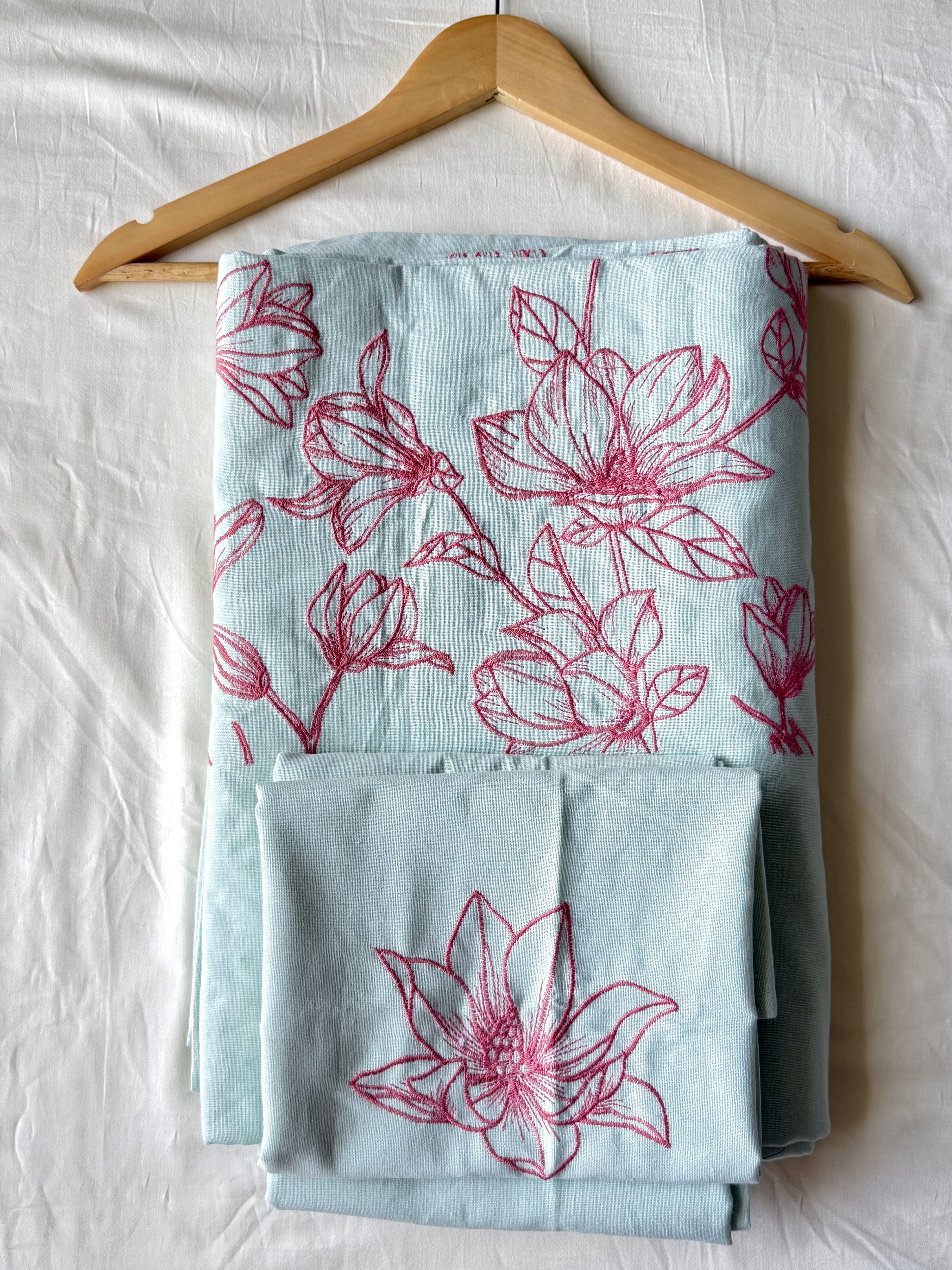 Mint Magnolia Embroidered Queen Size Bedsheet - Pure Cotton (90 x 100 inches)