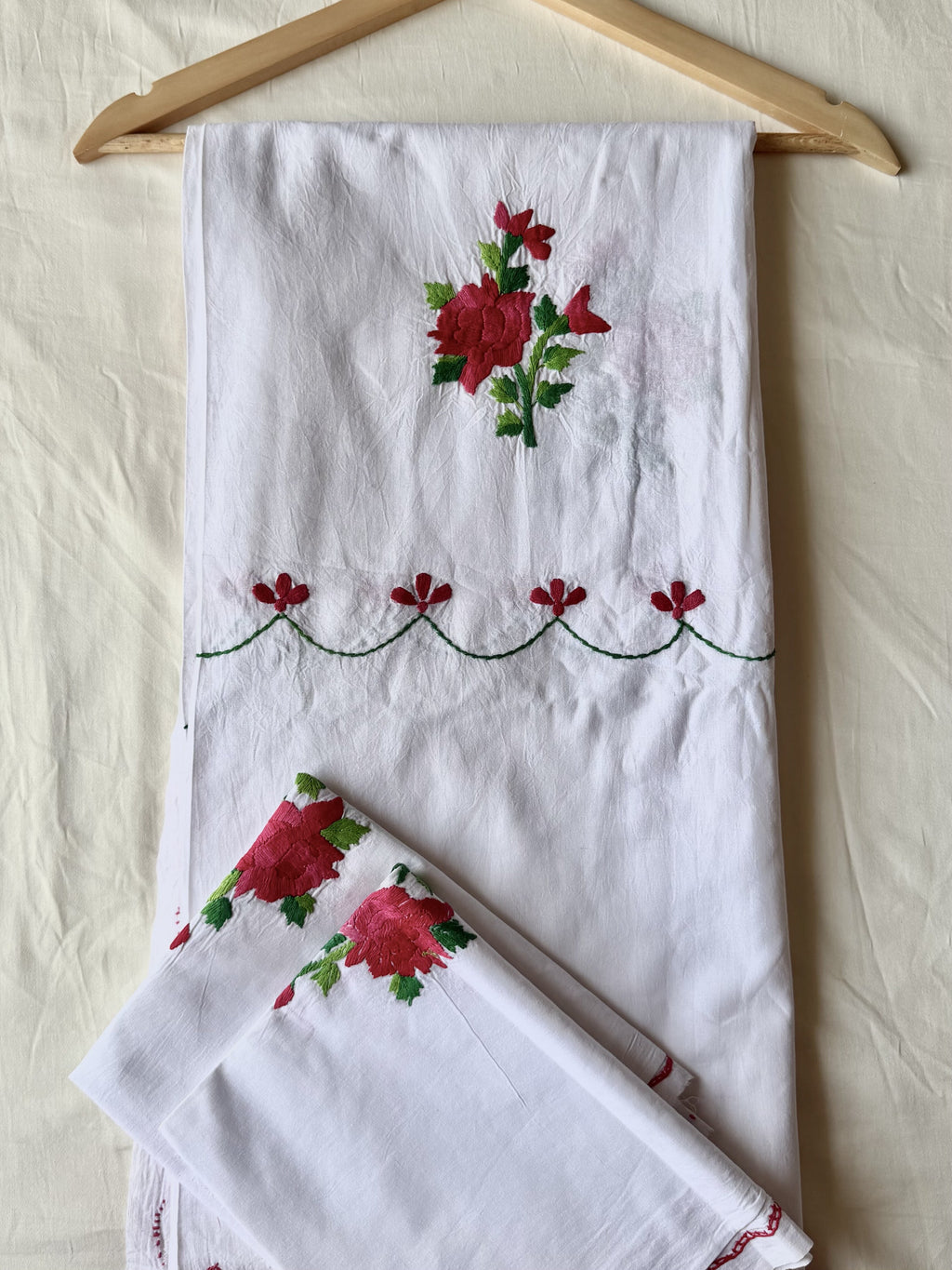 White Rose Hand-Embroidered Queen Size Bedsheet - Pure Cotton (90 x 100 inches)