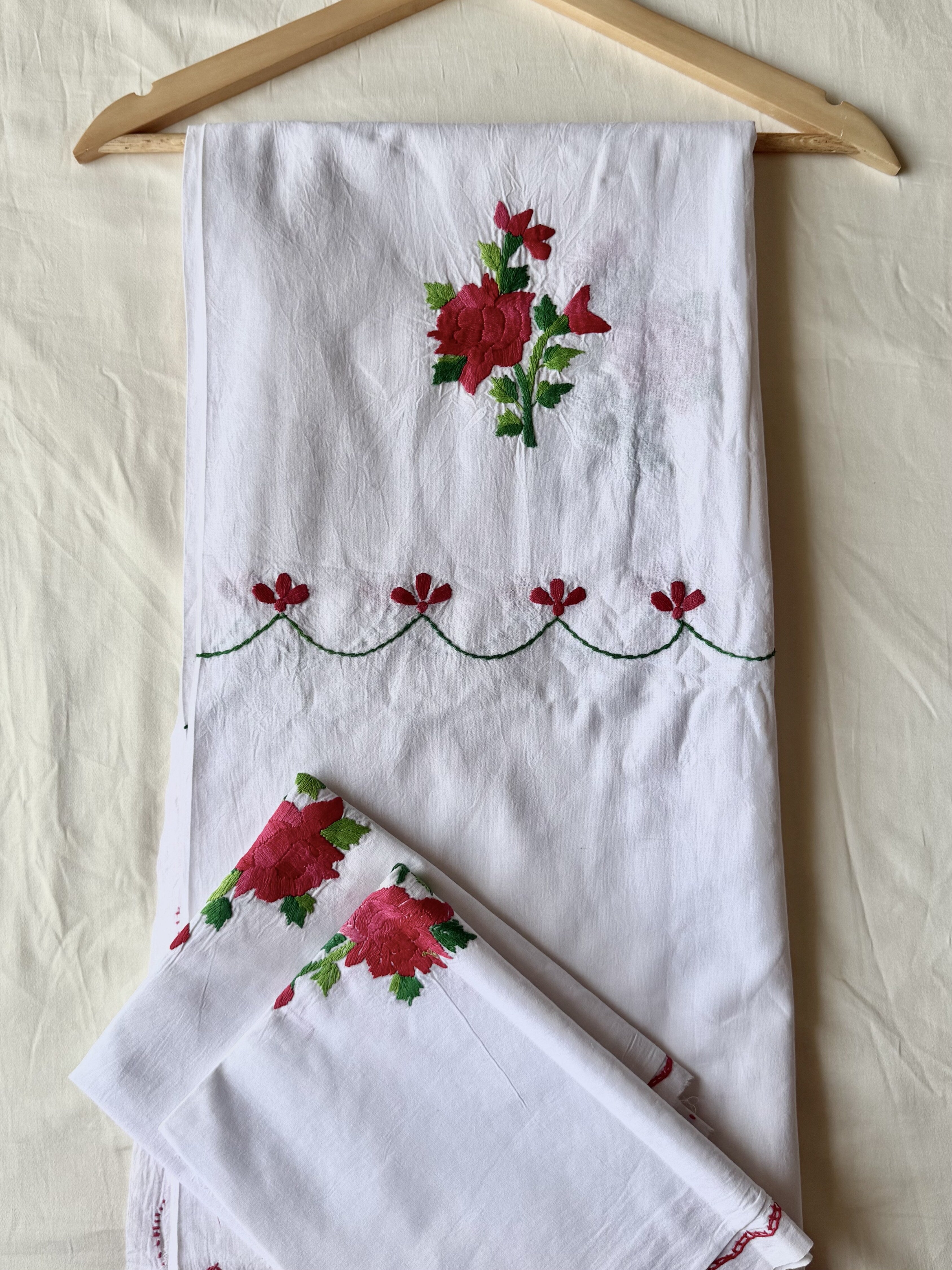 White Rose Hand-Embroidered Queen Size Bedsheet - Pure Cotton (90 x 100 inches)