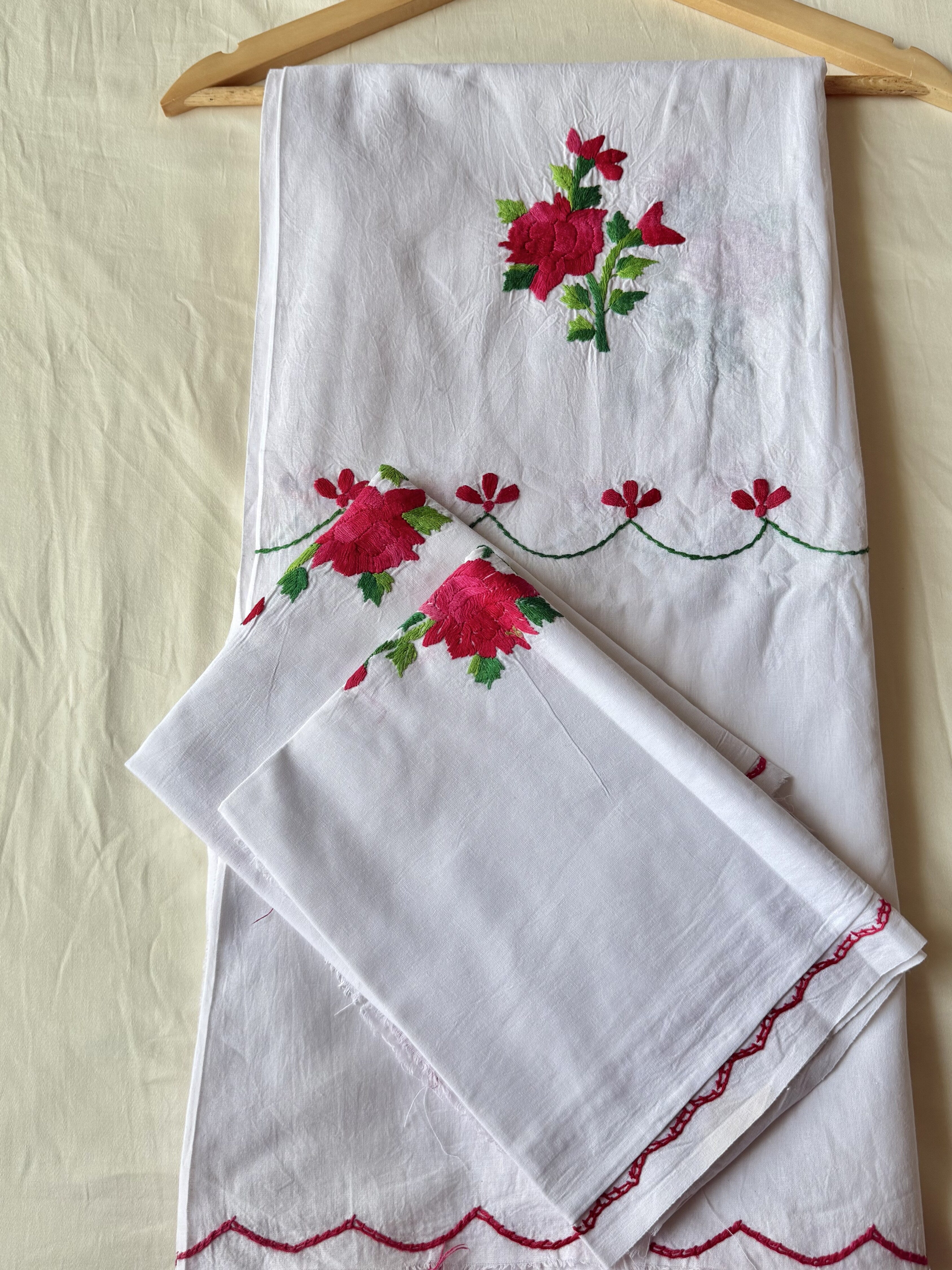 White Rose Hand-Embroidered Queen Size Bedsheet - Pure Cotton (90 x 100 inches)
