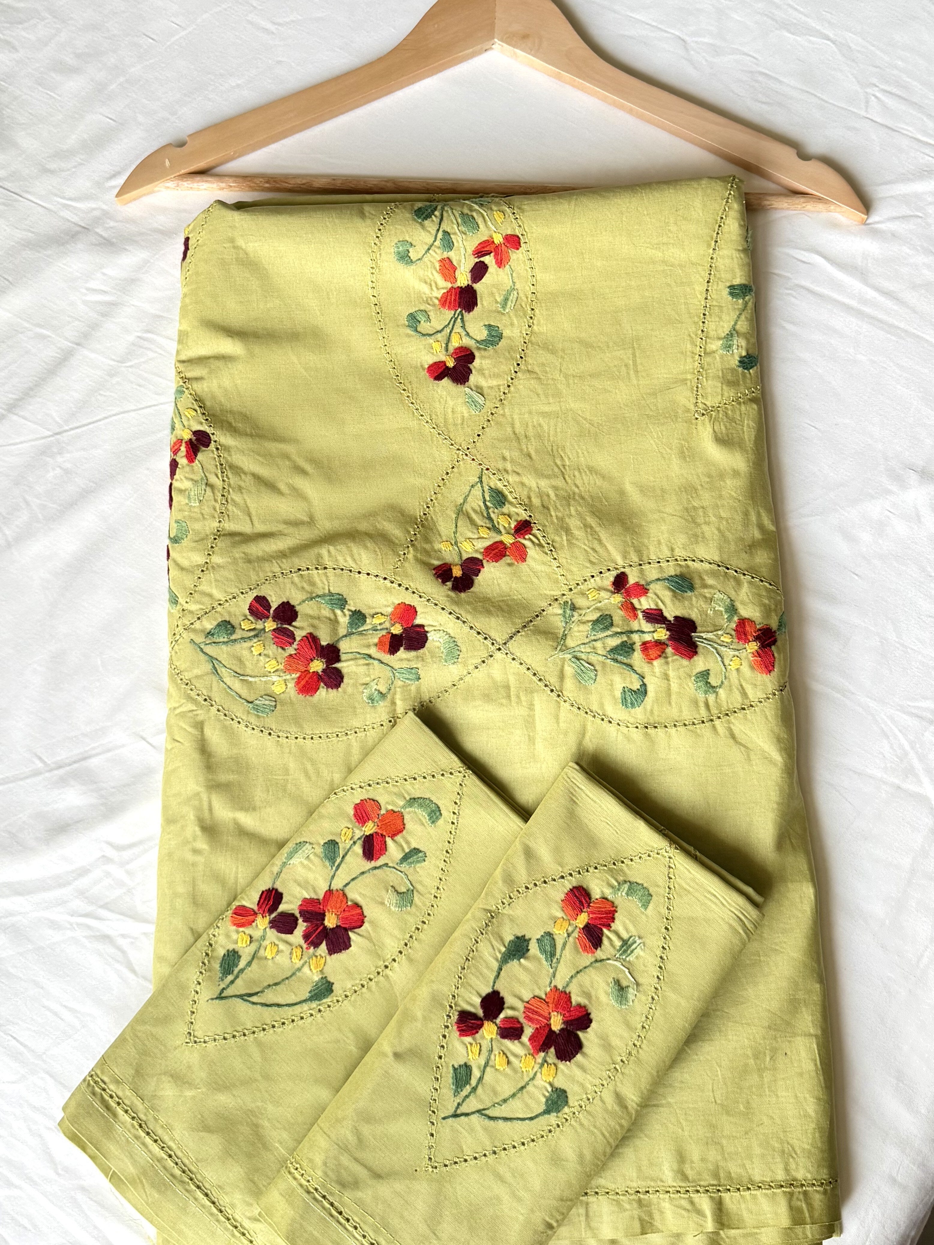 Sage Bloom Hand-Embroidered Queen Size Bedsheet - Pure Cotton (90 x 100 inches)