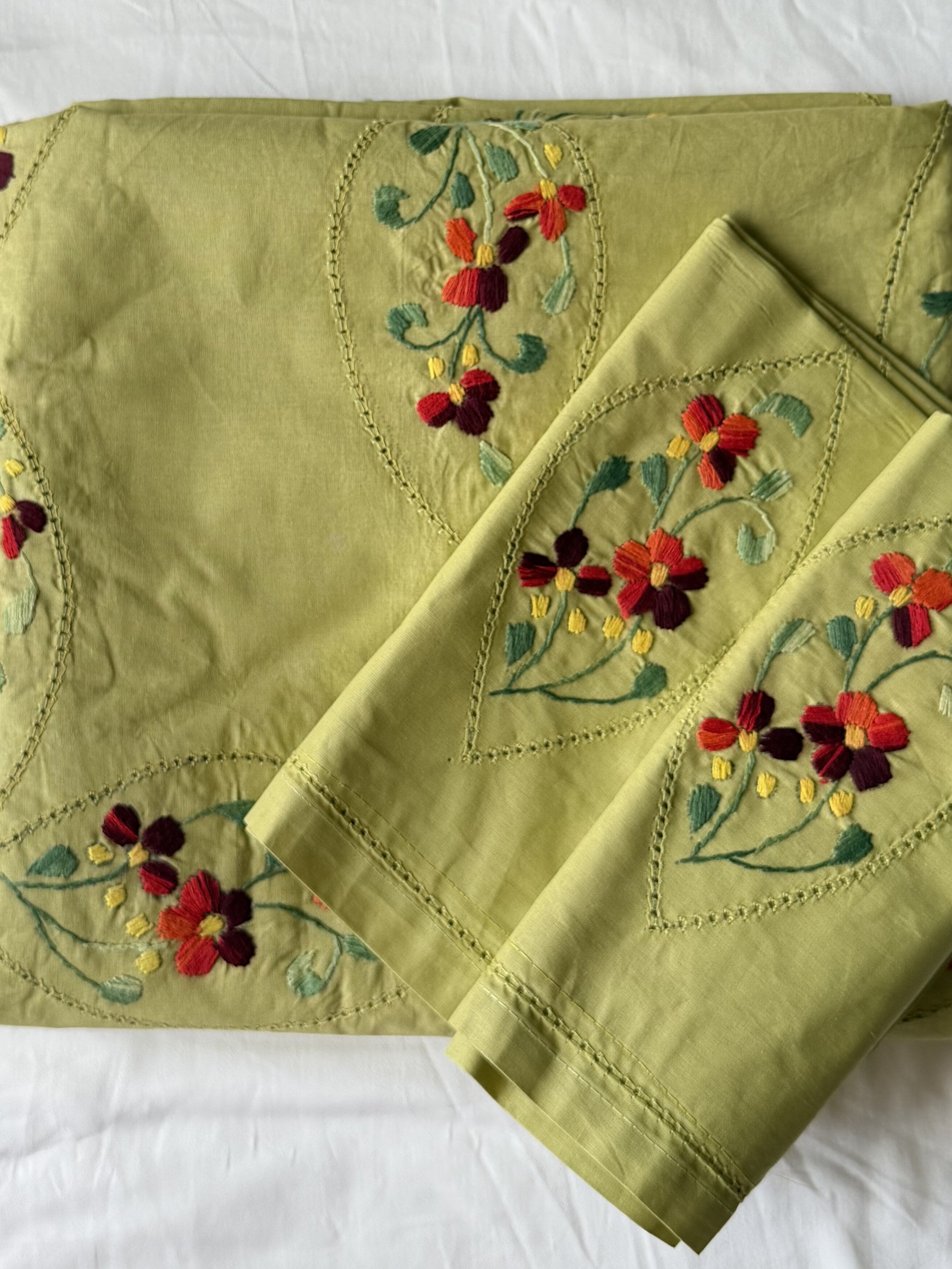 Sage Bloom Hand-Embroidered Queen Size Bedsheet - Pure Cotton (90 x 100 inches)