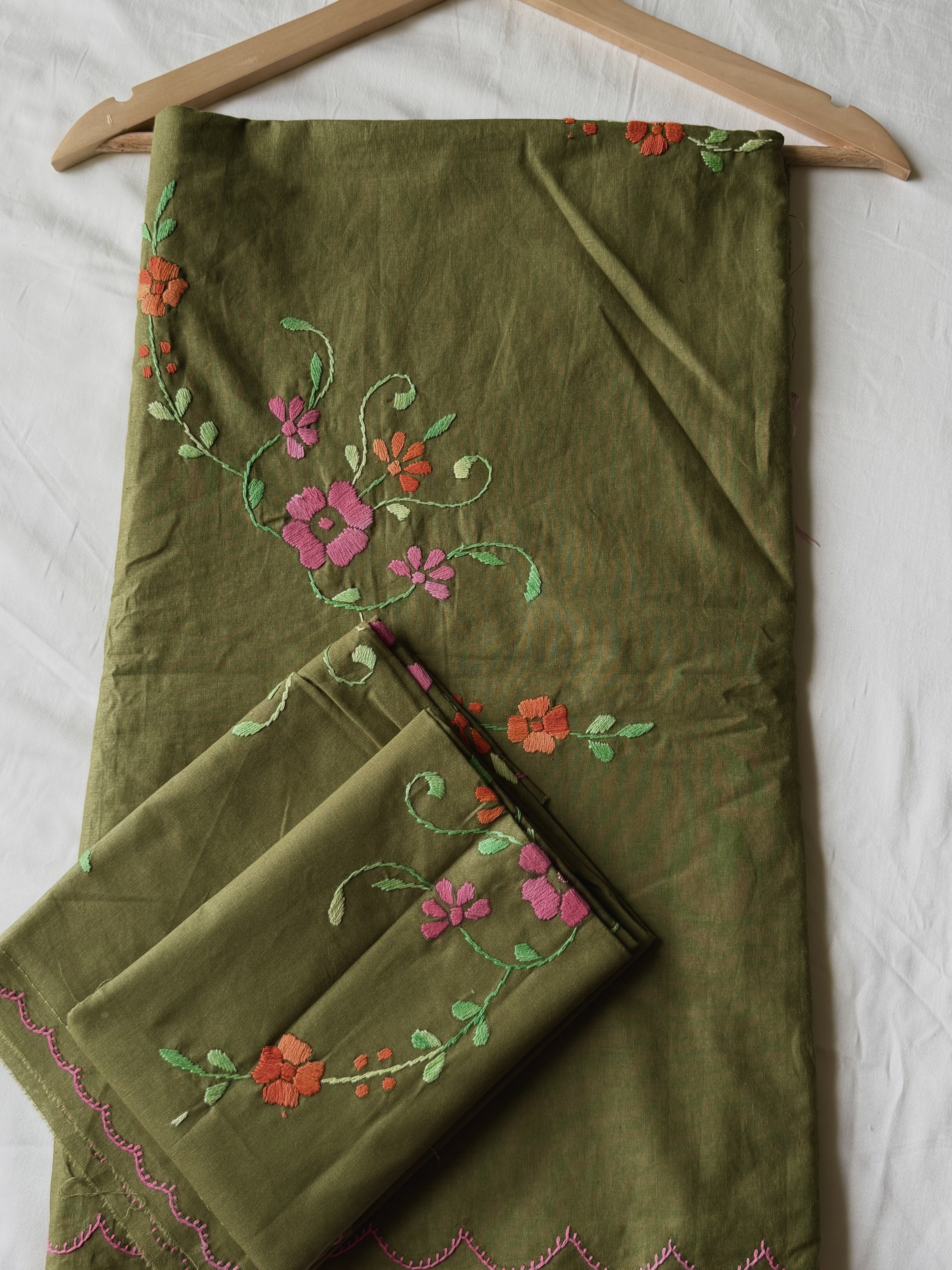 Olive Meadow Hand-Embroidered Queen Size Bedsheet - Pure Cotton (90 x 100 inches)