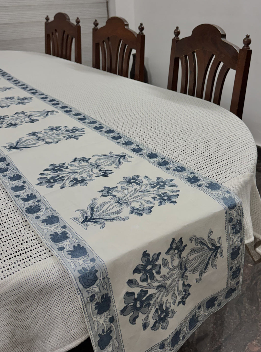 Indigo Floral Handblock Printed Table Runner - Pure Cotton (13 x 72 inches)