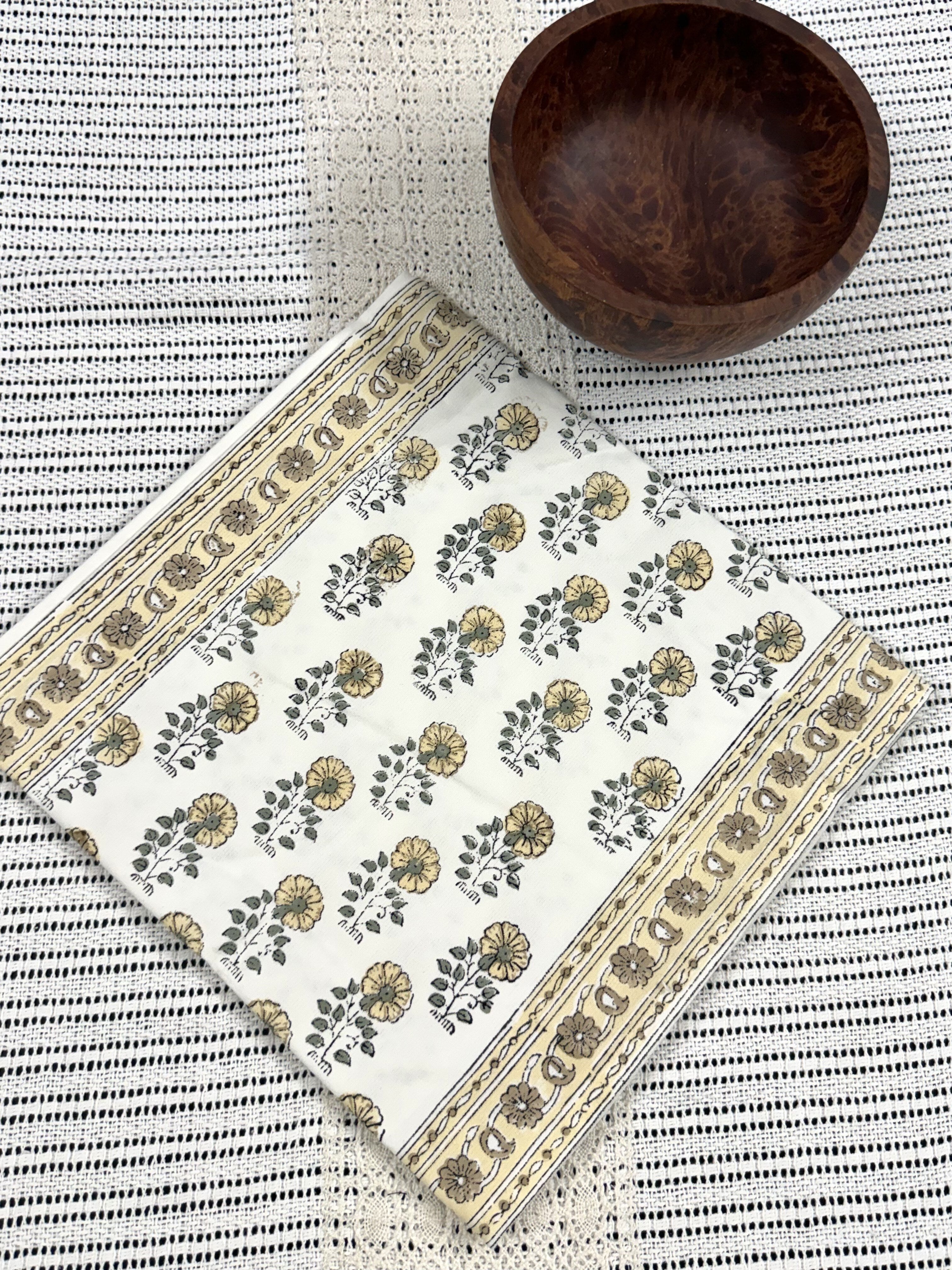 Pastel Yellow Floral Handblock Printed Table Runner - Pure Cotton (13 x 72 inches)