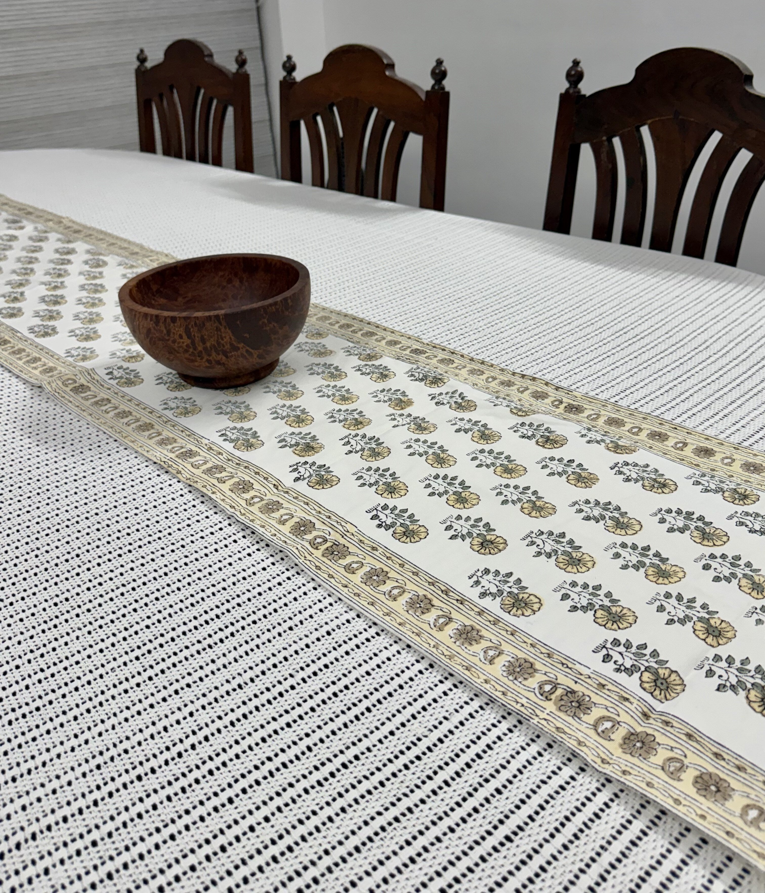 Pastel Yellow Floral Handblock Printed Table Runner - Pure Cotton (13 x 72 inches)