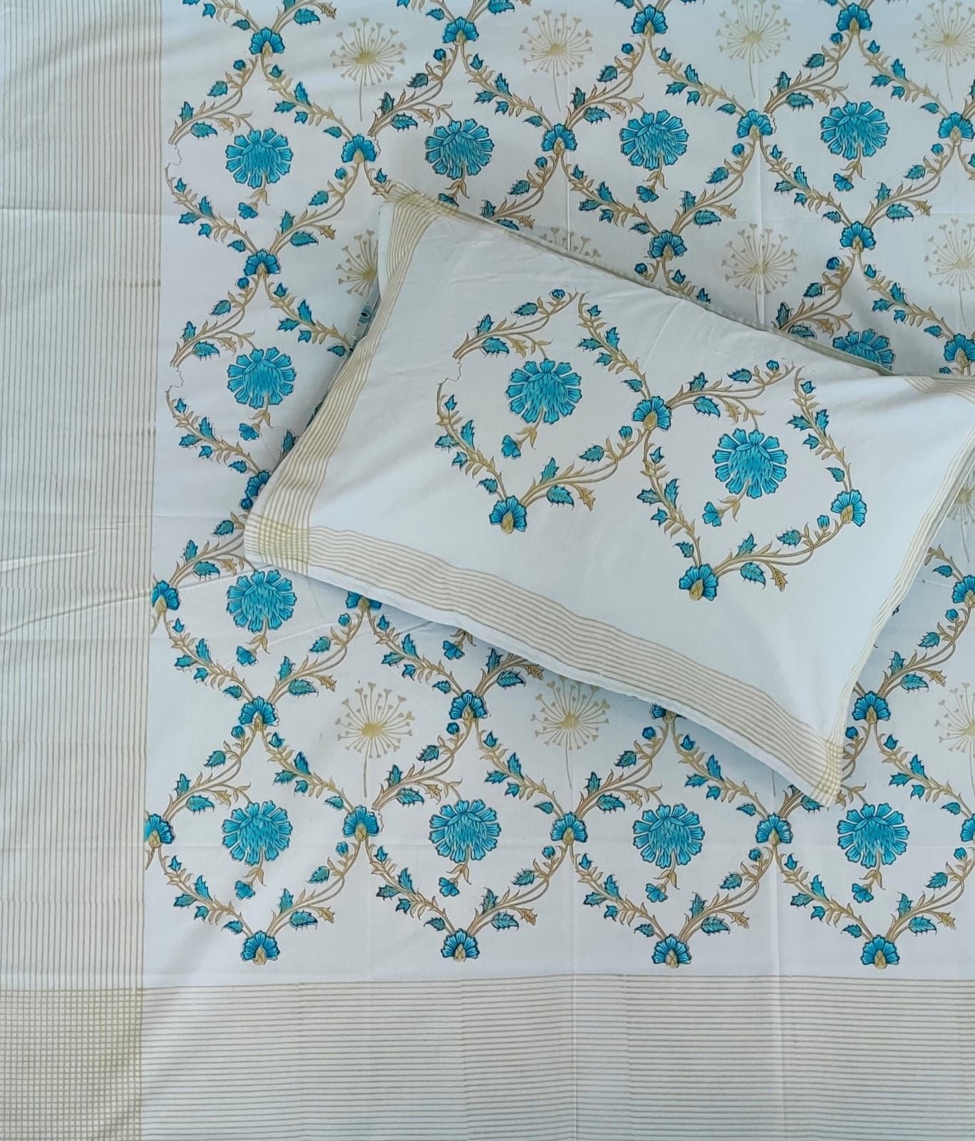 Indigo Sunflower Handblock King Size Bedsheet - Jaipuri Pure Cotton (100 x 108 inches)
