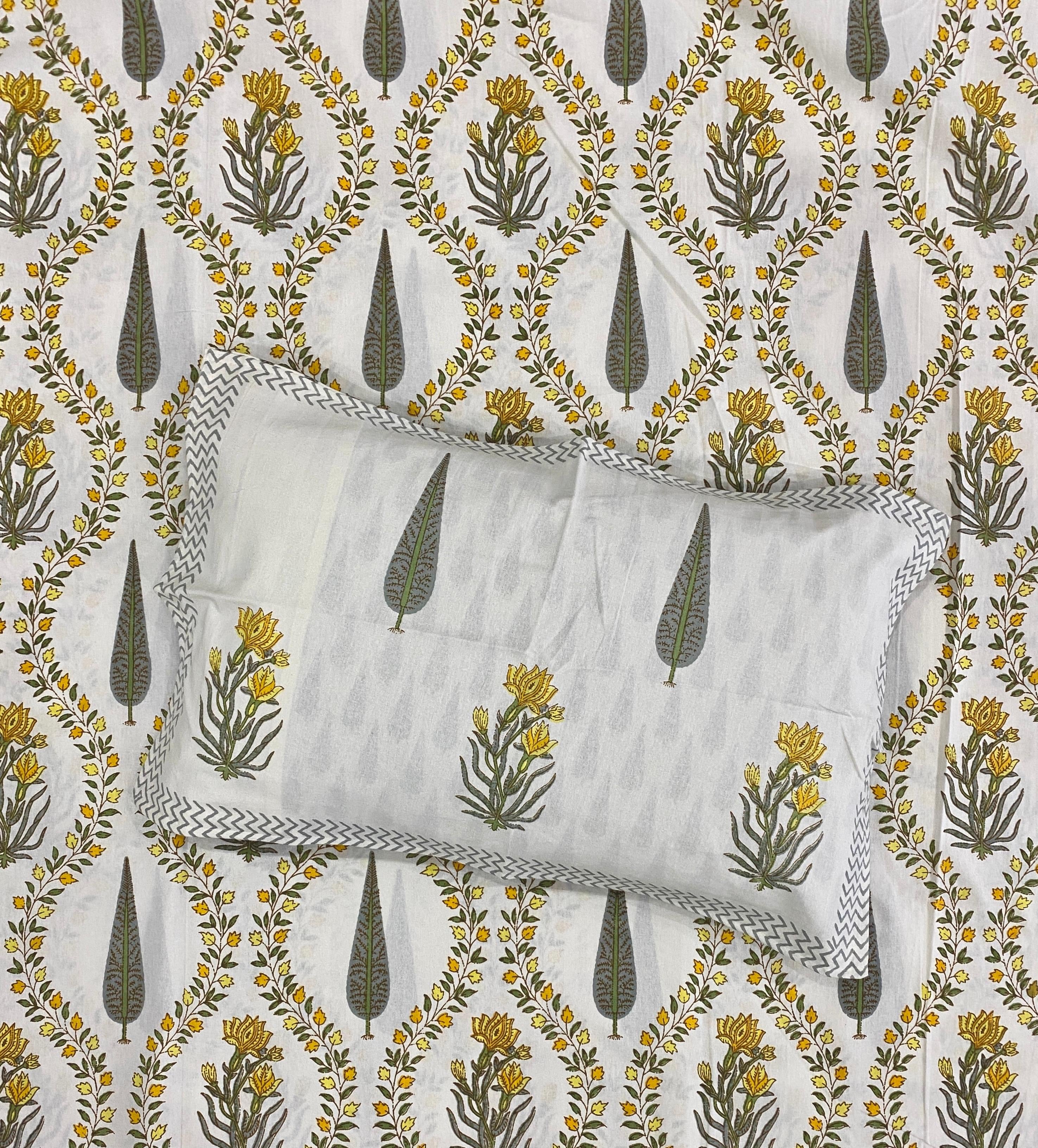 Yellow Lotus Trail Super King Size Bedsheet - Jaipuri Pure Cotton (108 x 108 inches)
