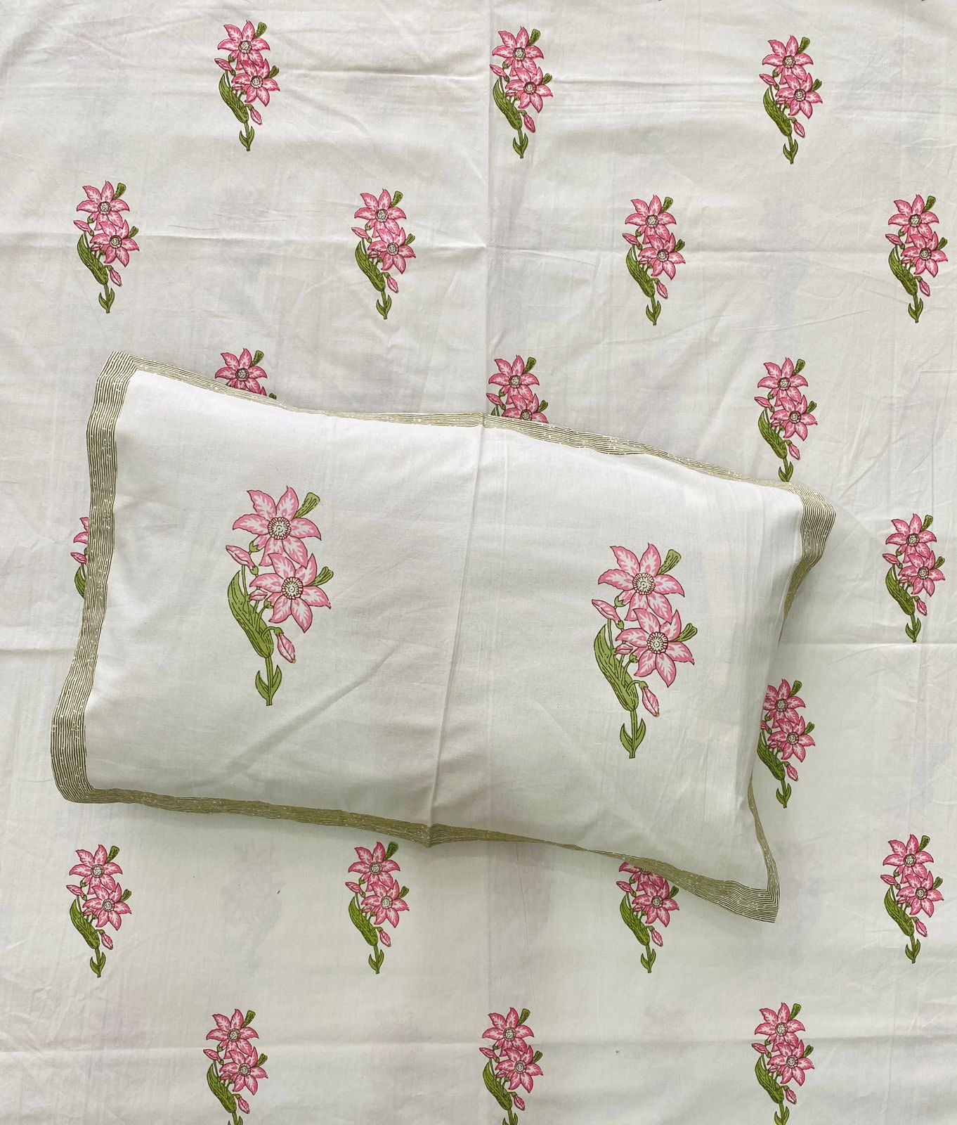 Pink Floral Motif King Size Bedsheet - Jaipuri Pure Cotton (100 x 108 inches)