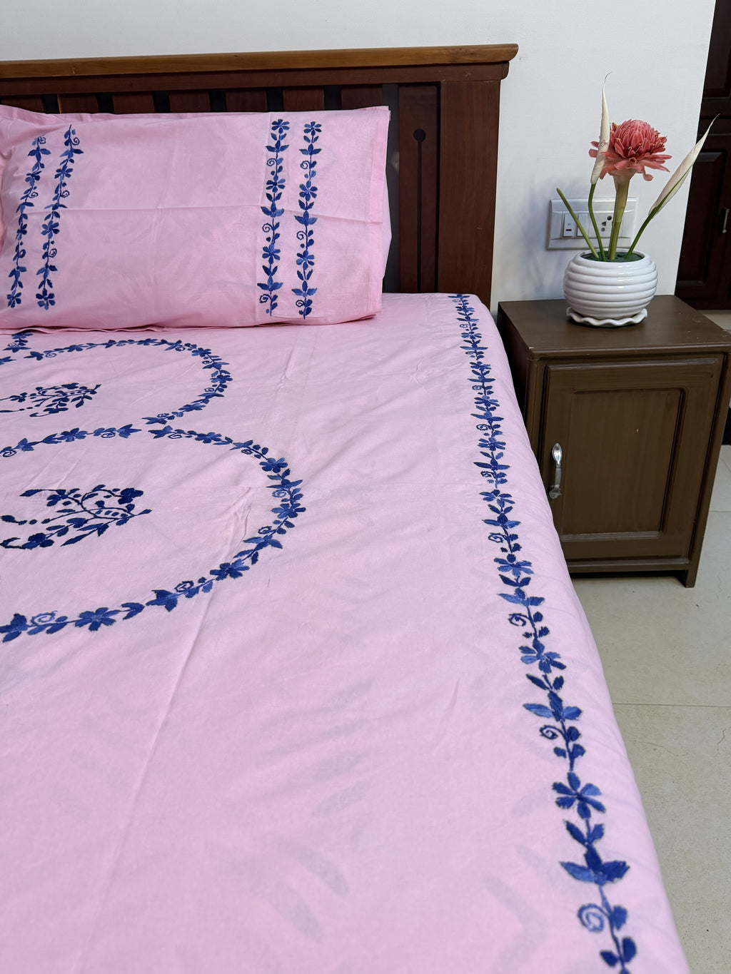 Blue on Pink Kolkata Hand Embroidery King Size Bedsheet - Pure Cotton - 108 x 108 inches