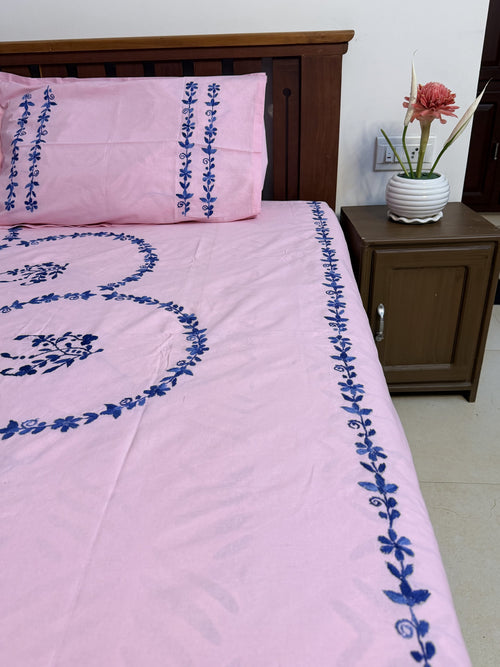 Blue on Pink Kolkata Hand Embroidery King Size Bedsheet - Pure Cotton - 108 x 108 inches