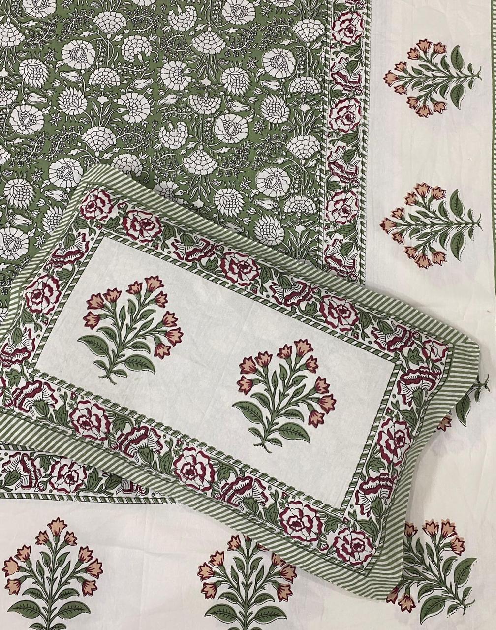 Green Floral Border King Size Bedsheet - Jaipuri Pure Cotton (100 x 108 inches)