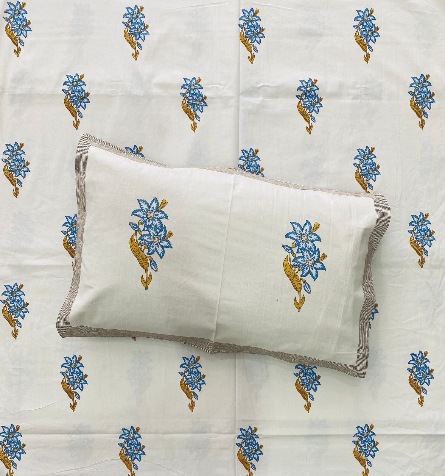 Blue Floral Motif King Size Bedsheet - Jaipuri Pure Cotton (100 x 108 inches)