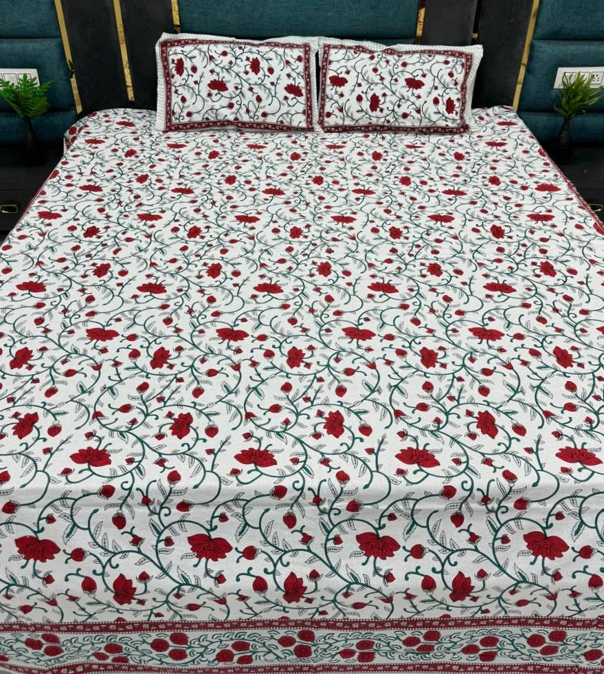 Crimson Vine Garden King Size Bedsheet (100 x 108) - Pure Cotton