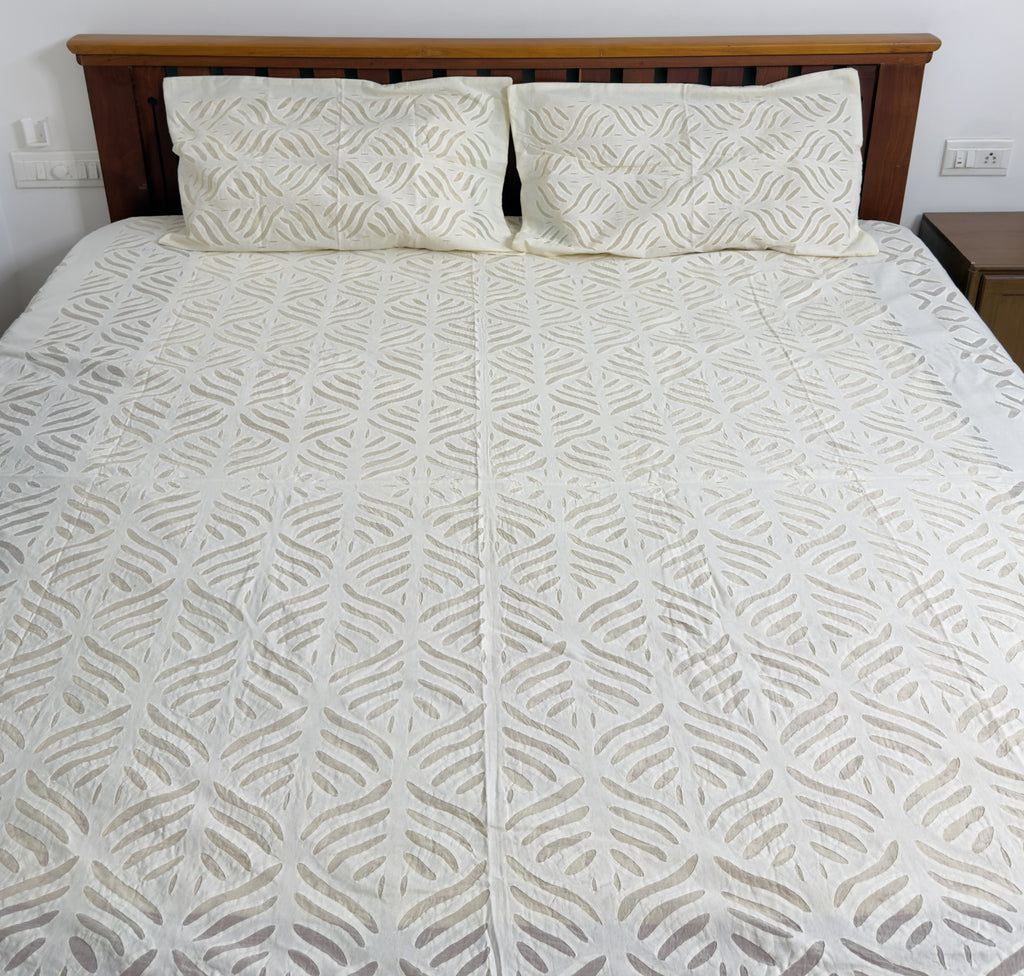 Off-White Appliqué Queen Size Bedsheet - Pure Cotton - 90 x 108 inches