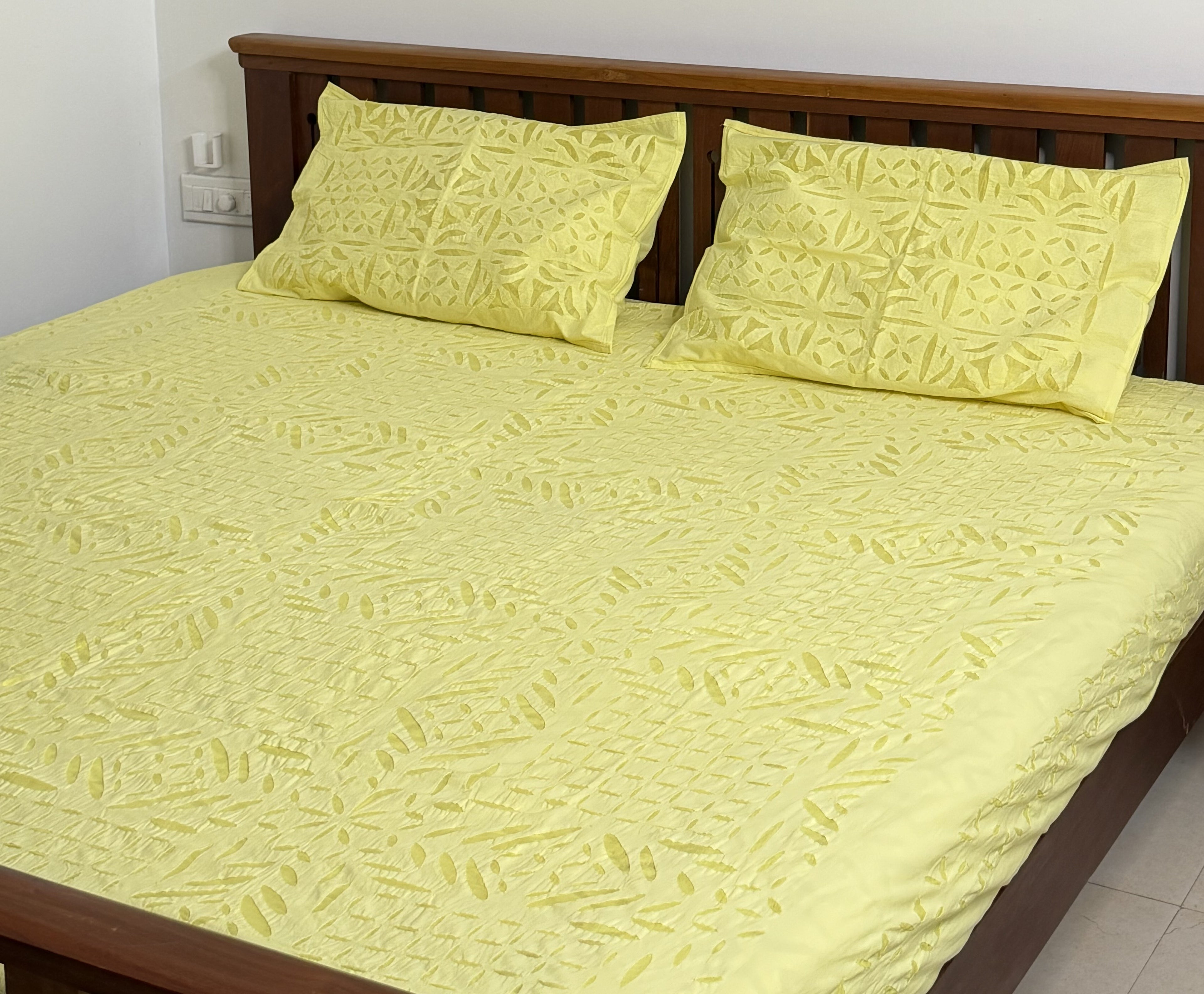 Yellow Appliqué Queen Size Bedsheet – Pure Cotton - 90 x 108 inches